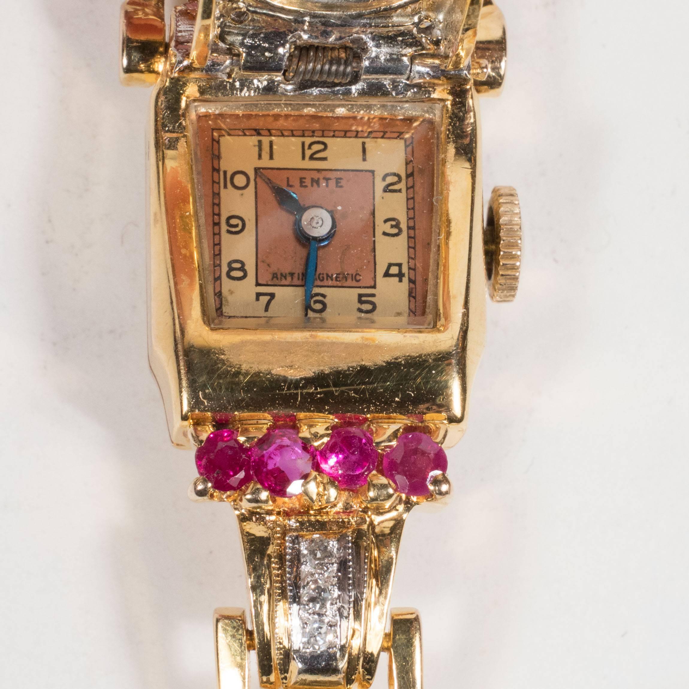 Women's Lente Platinum Rose Gold Diamonds Rubies Retro Wristwatch, circa 1940