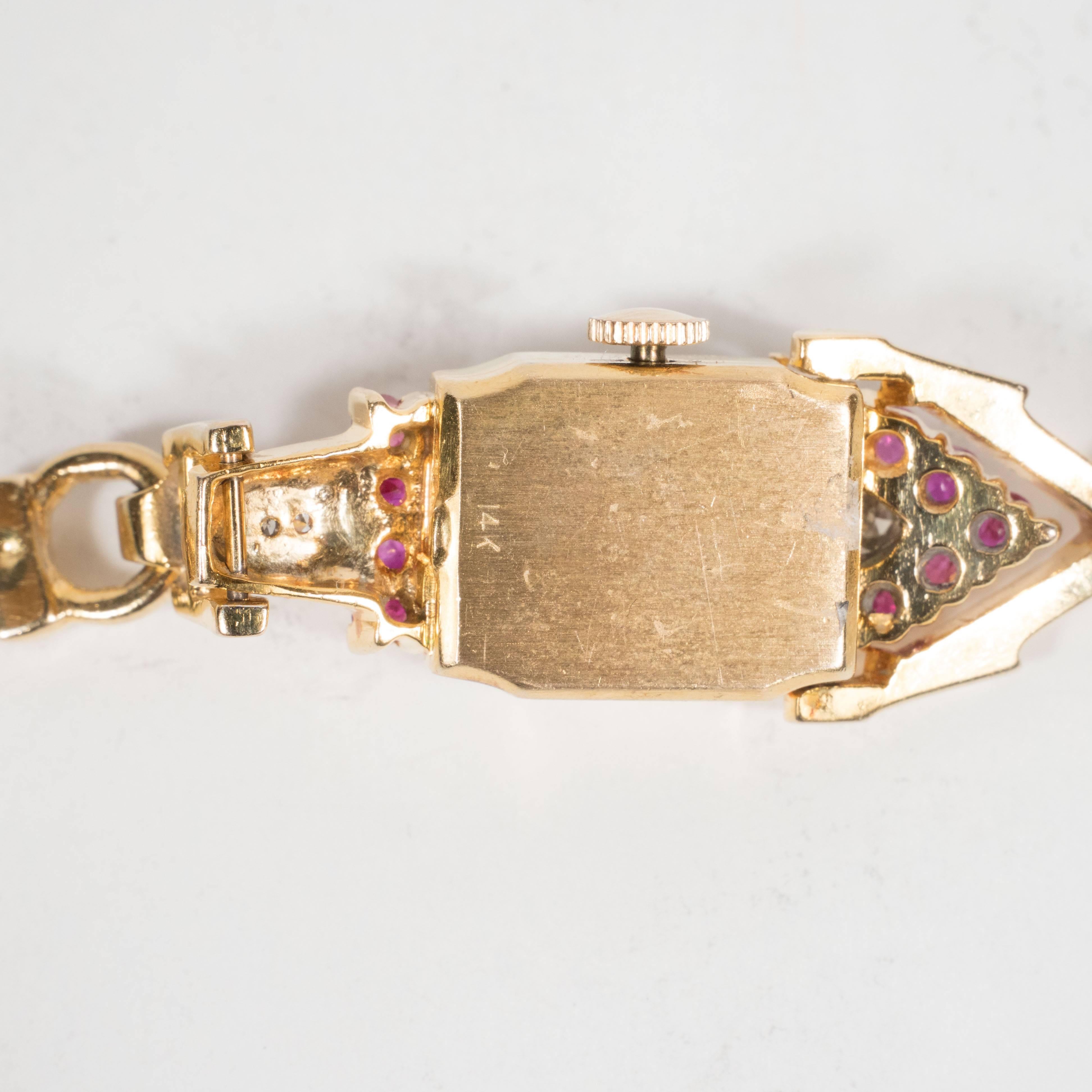 Lente Platinum Rose Gold Diamonds Rubies Retro Wristwatch, circa 1940 2