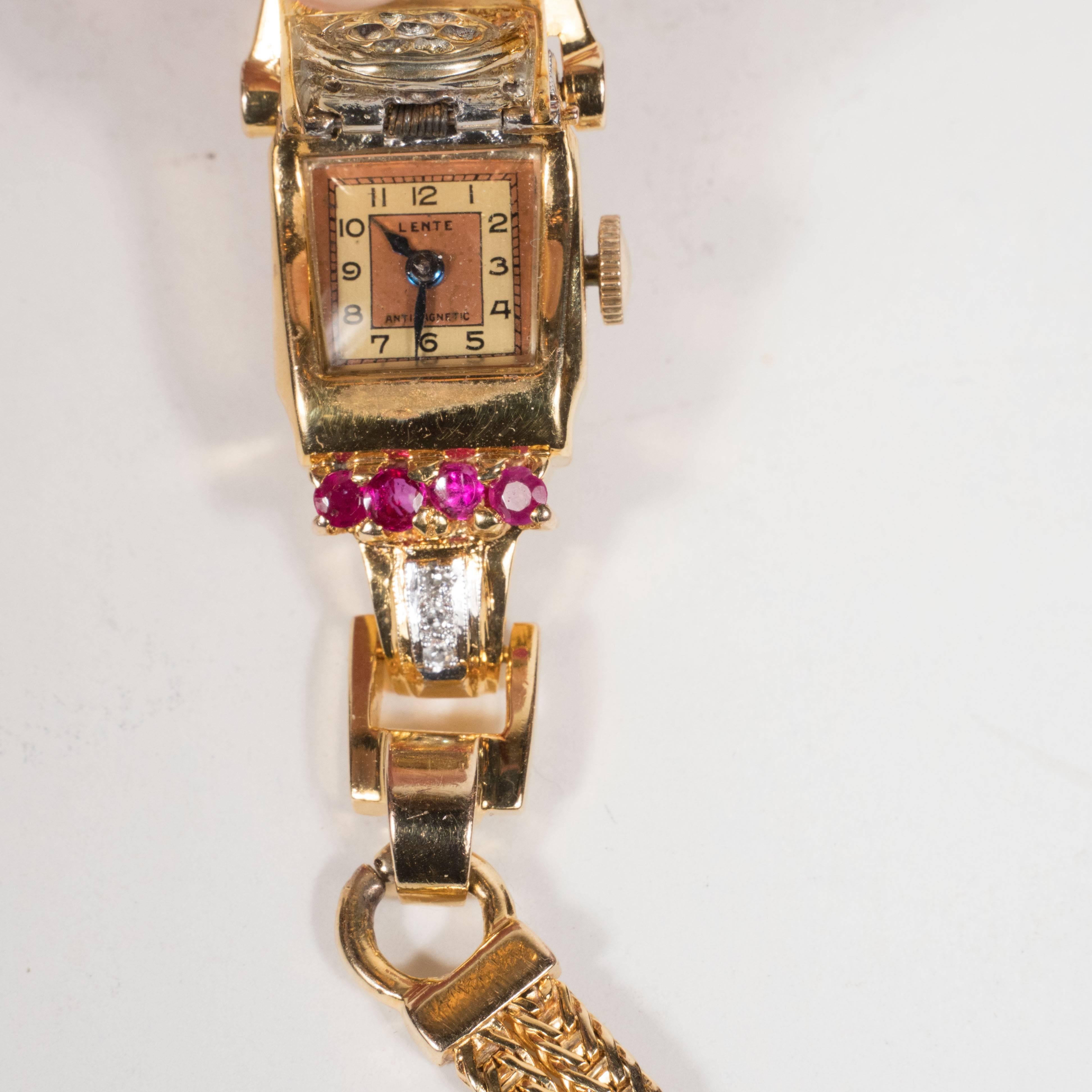 Lente Platinum Rose Gold Diamonds Rubies Retro Wristwatch, circa 1940 4