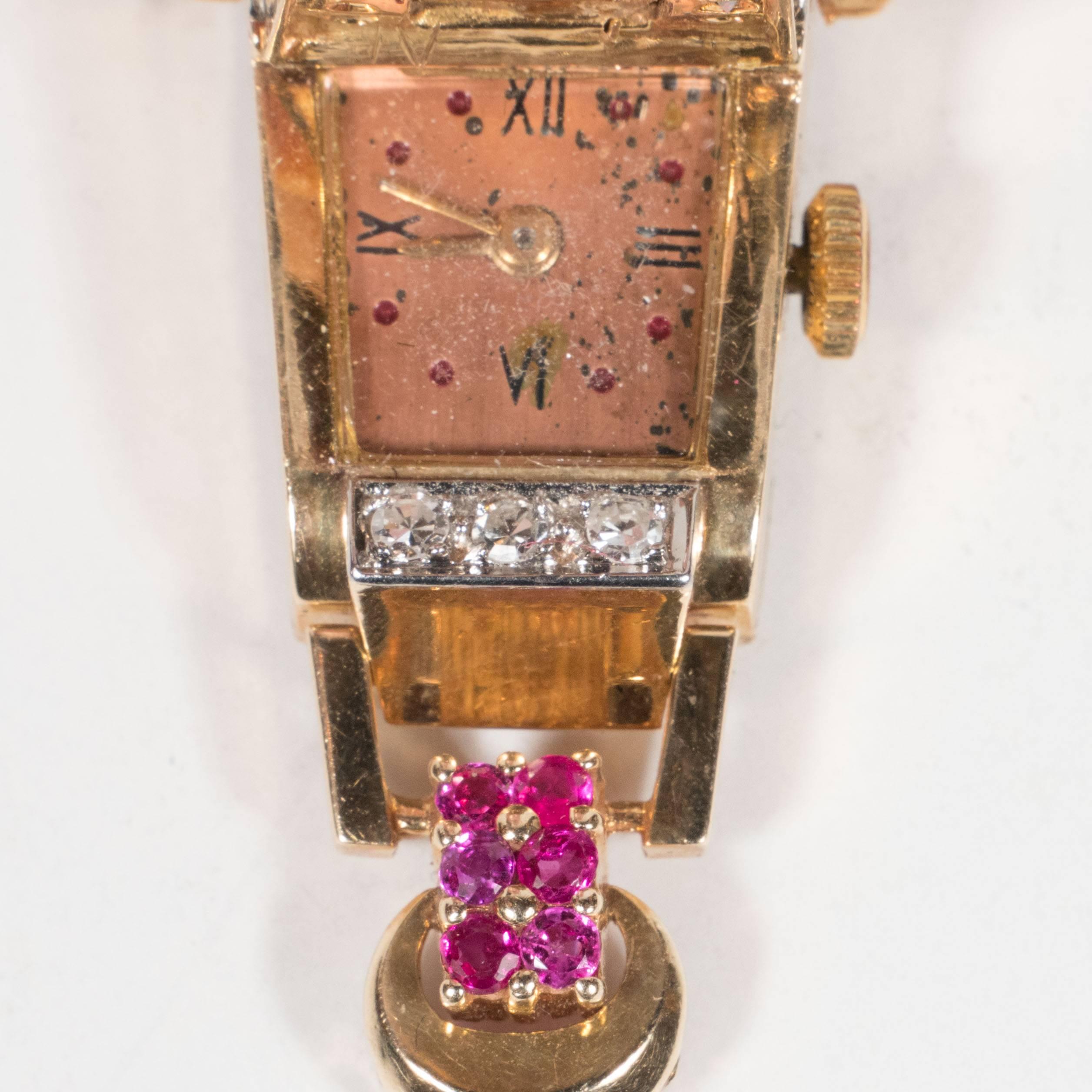 Retro Platinum Rose Gold Diamonds Rubies Art Deco Snake Bracelet Wristwatch 3