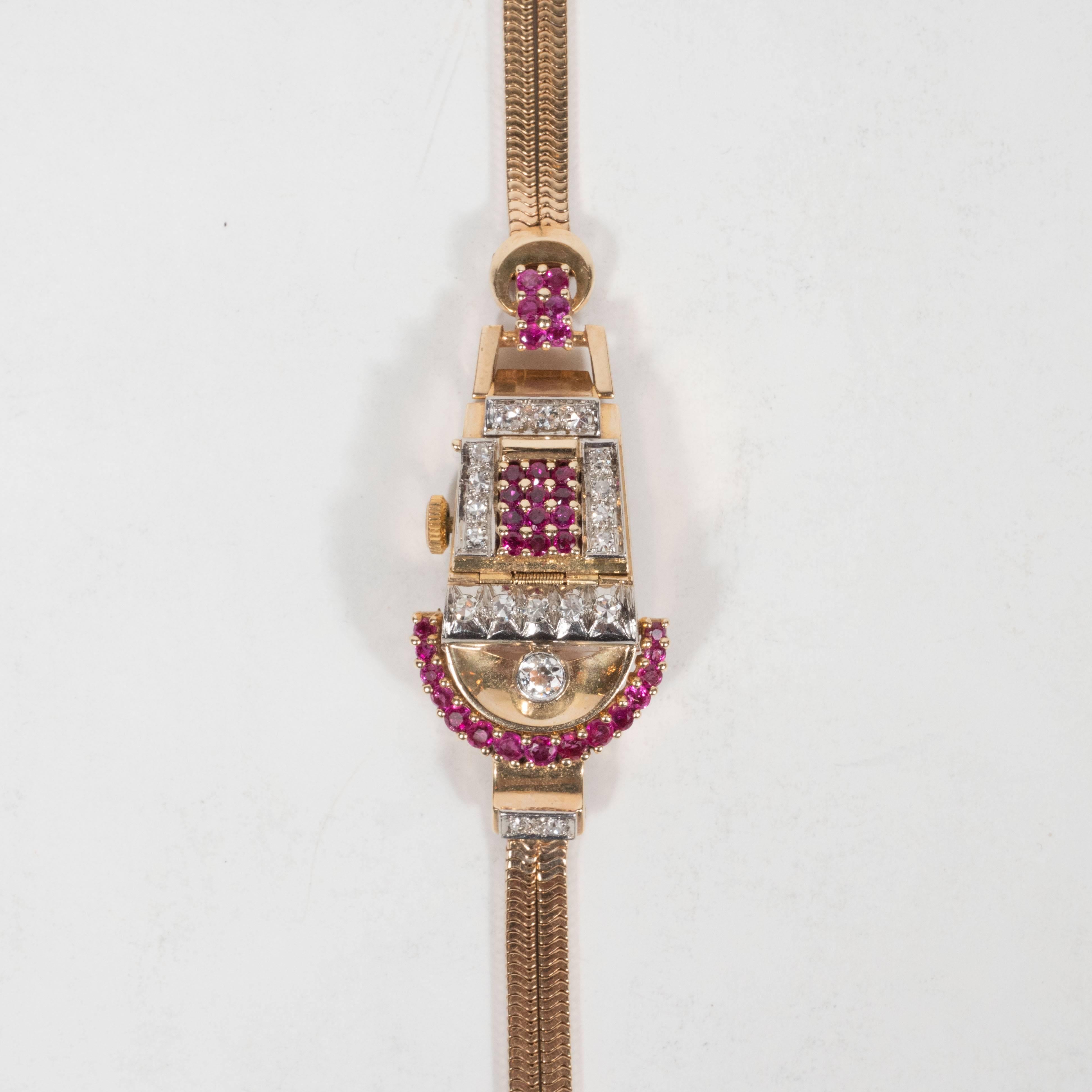 Retro Platinum Rose Gold Diamonds Rubies Art Deco Snake Bracelet Wristwatch In Excellent Condition In New York, NY