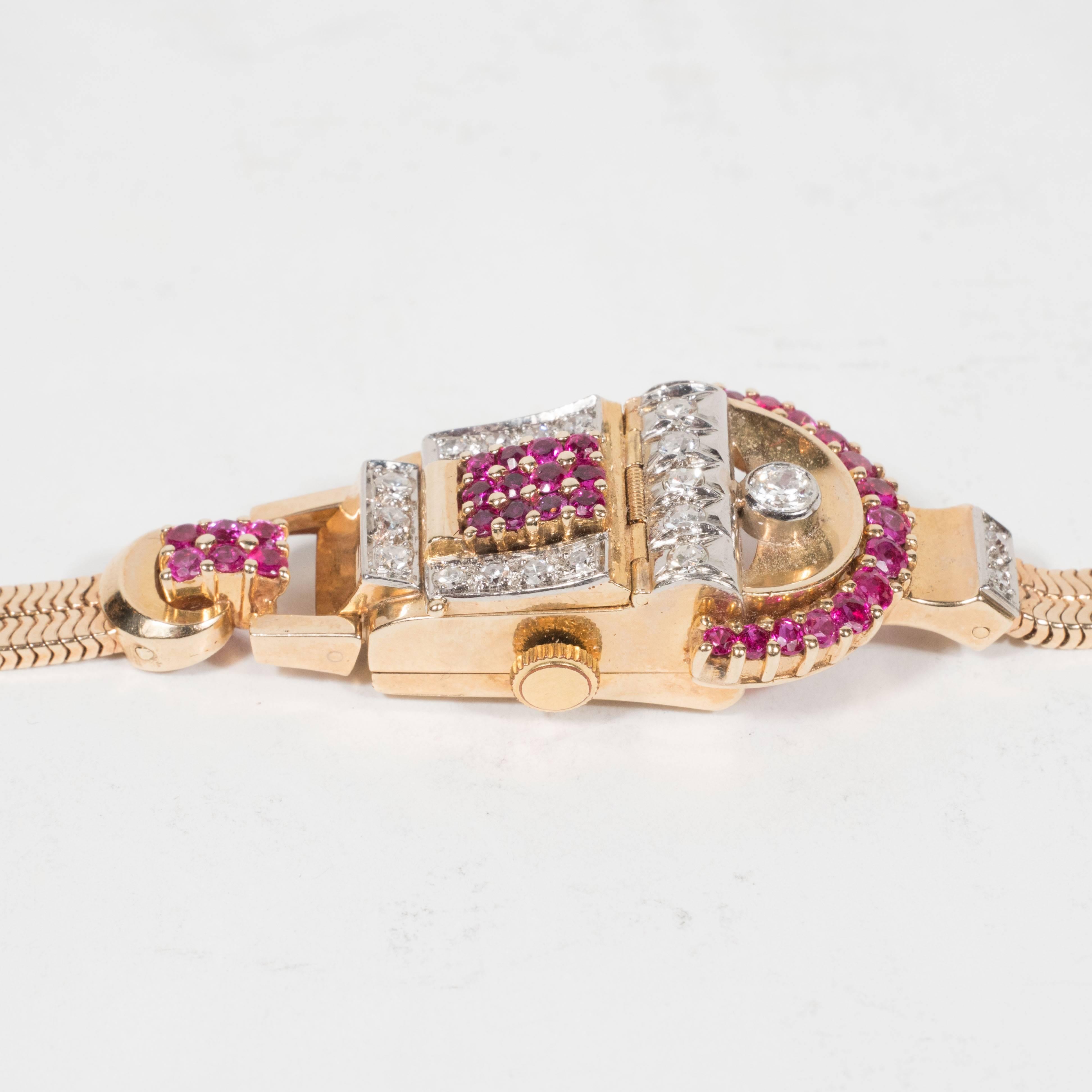 Retro Platinum Rose Gold Diamonds Rubies Art Deco Snake Bracelet Wristwatch 1