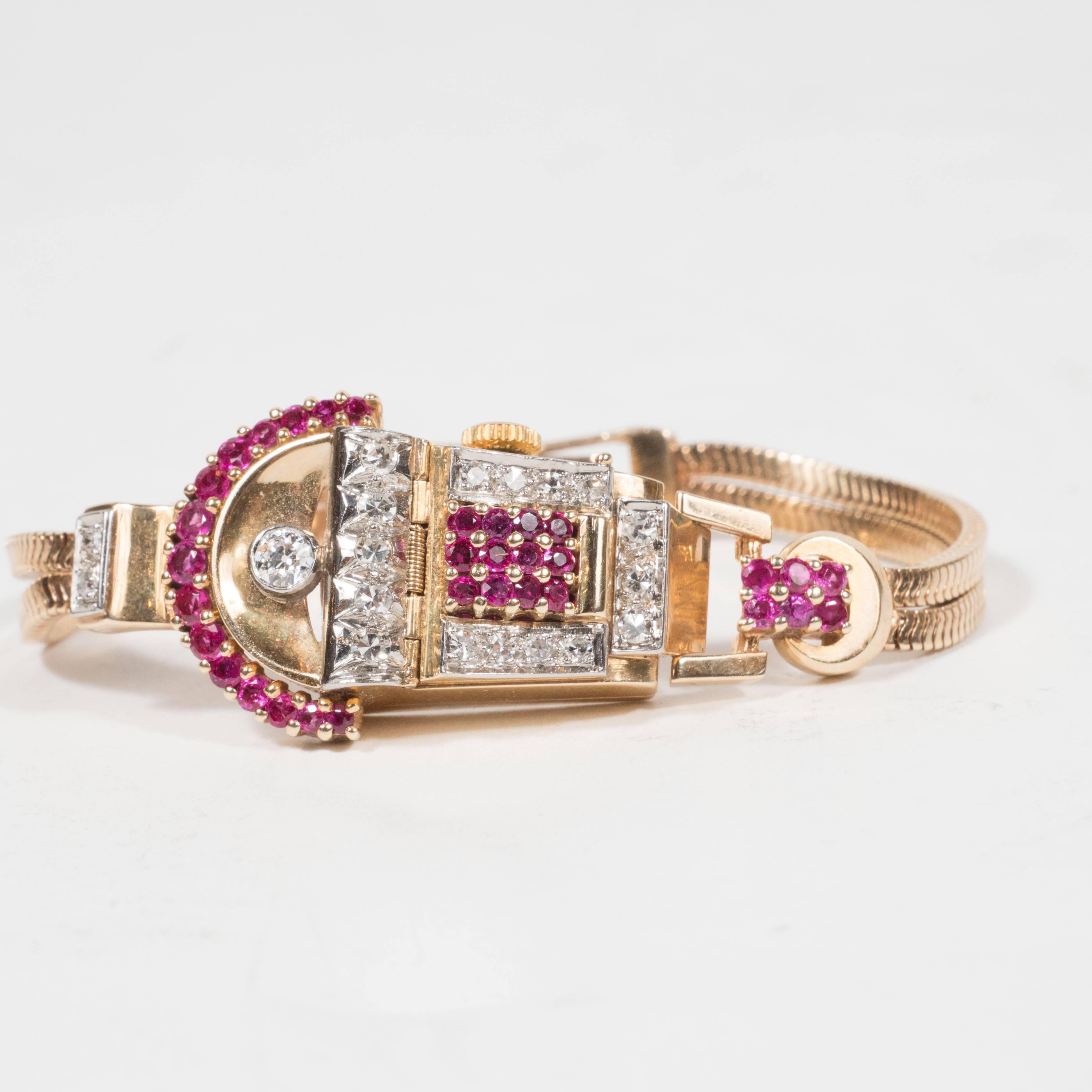 Retro Platinum Rose Gold Diamonds Rubies Art Deco Snake Bracelet Wristwatch 2