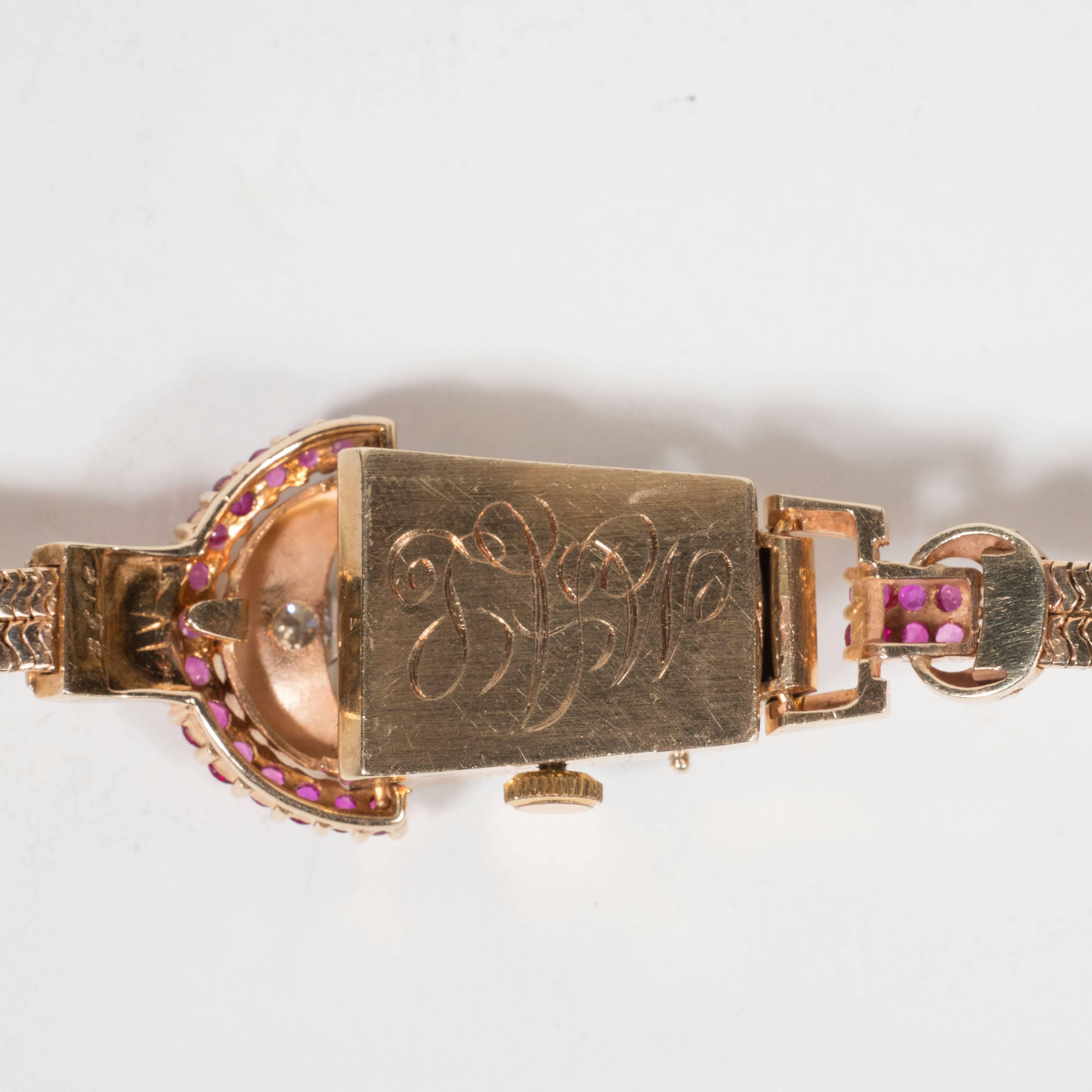 Retro Platinum Rose Gold Diamonds Rubies Art Deco Snake Bracelet Wristwatch 4