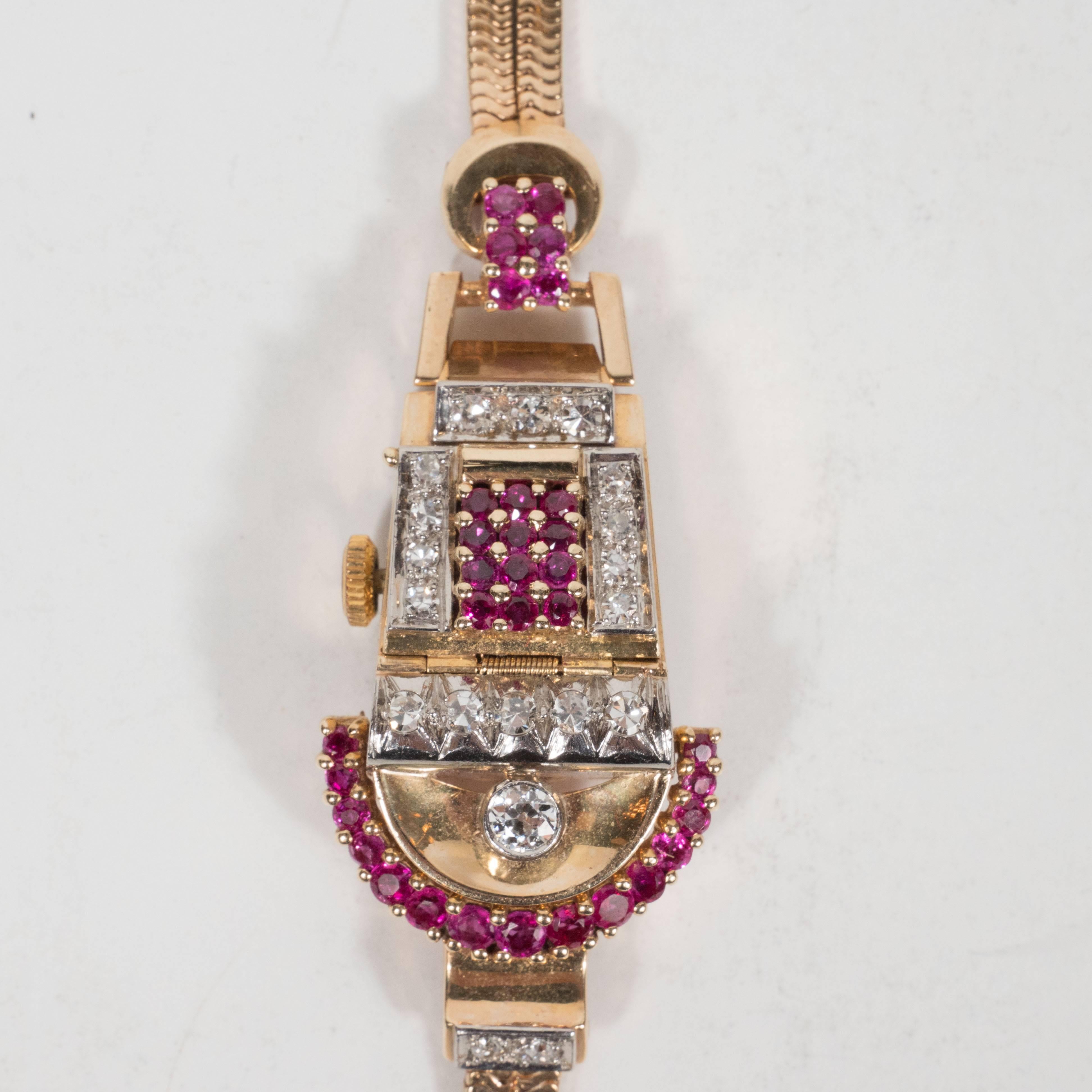 Women's Retro Platinum Rose Gold Diamonds Rubies Art Deco Snake Bracelet Wristwatch