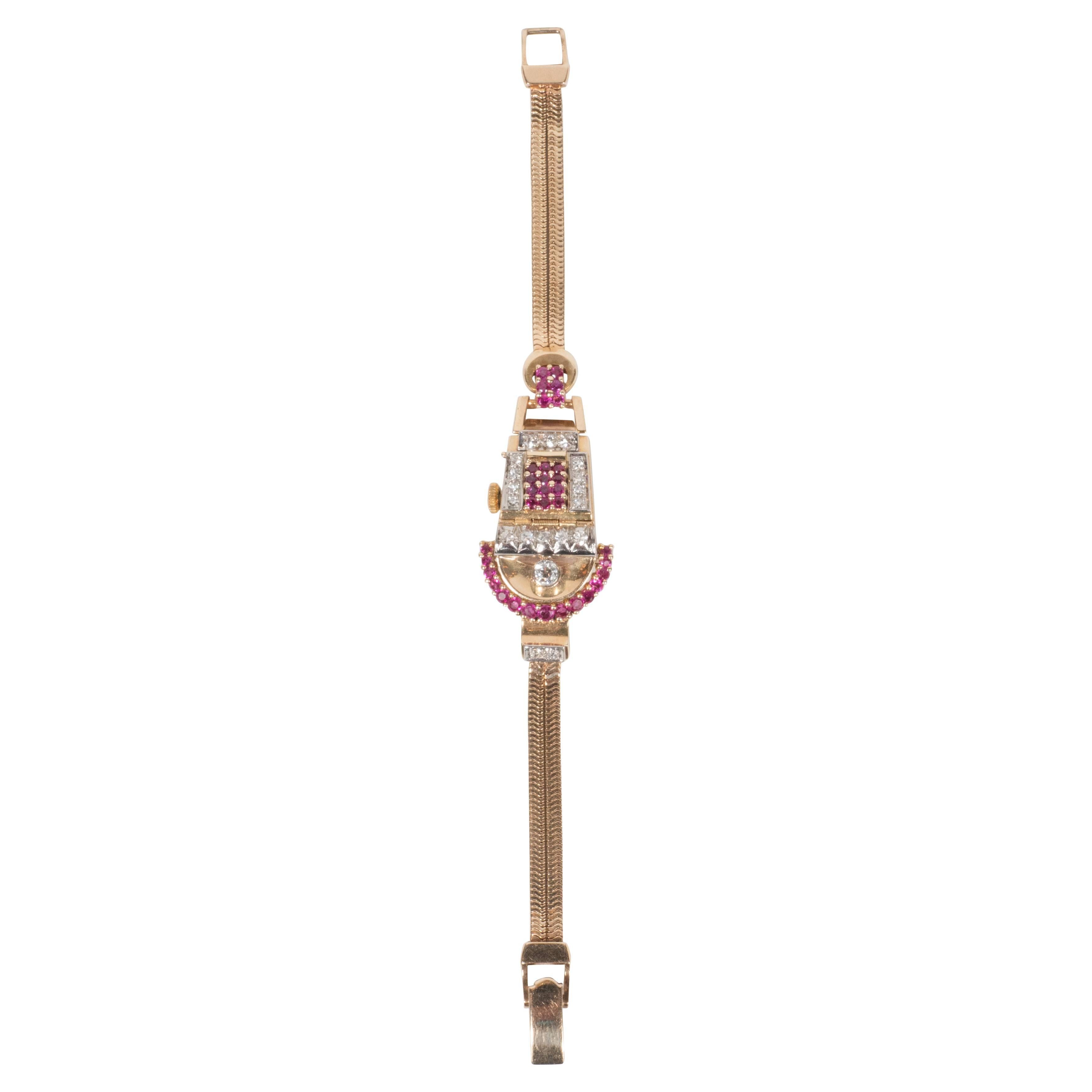 Retro Platinum Rose Gold Diamonds Rubies Art Deco Snake Bracelet Wristwatch