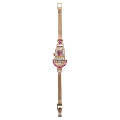 Vintage Platinum Rose Gold Diamonds Rubies Art Deco Snake Bracelet Wristwatch