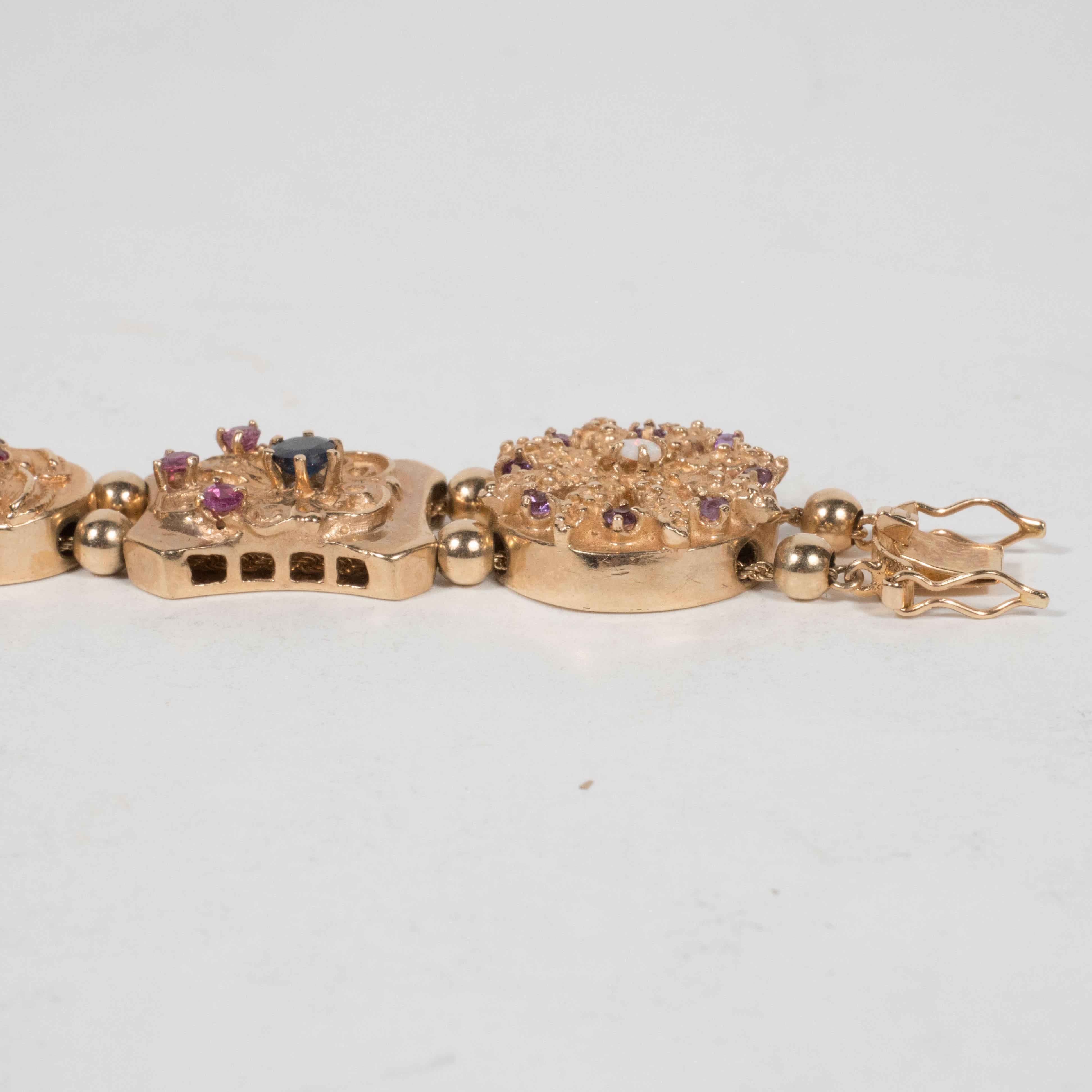 Retro 1940s Gold Slide Bracelet with Sapphire, Opal, Pearl, Ruby, Emerald and Diamond
