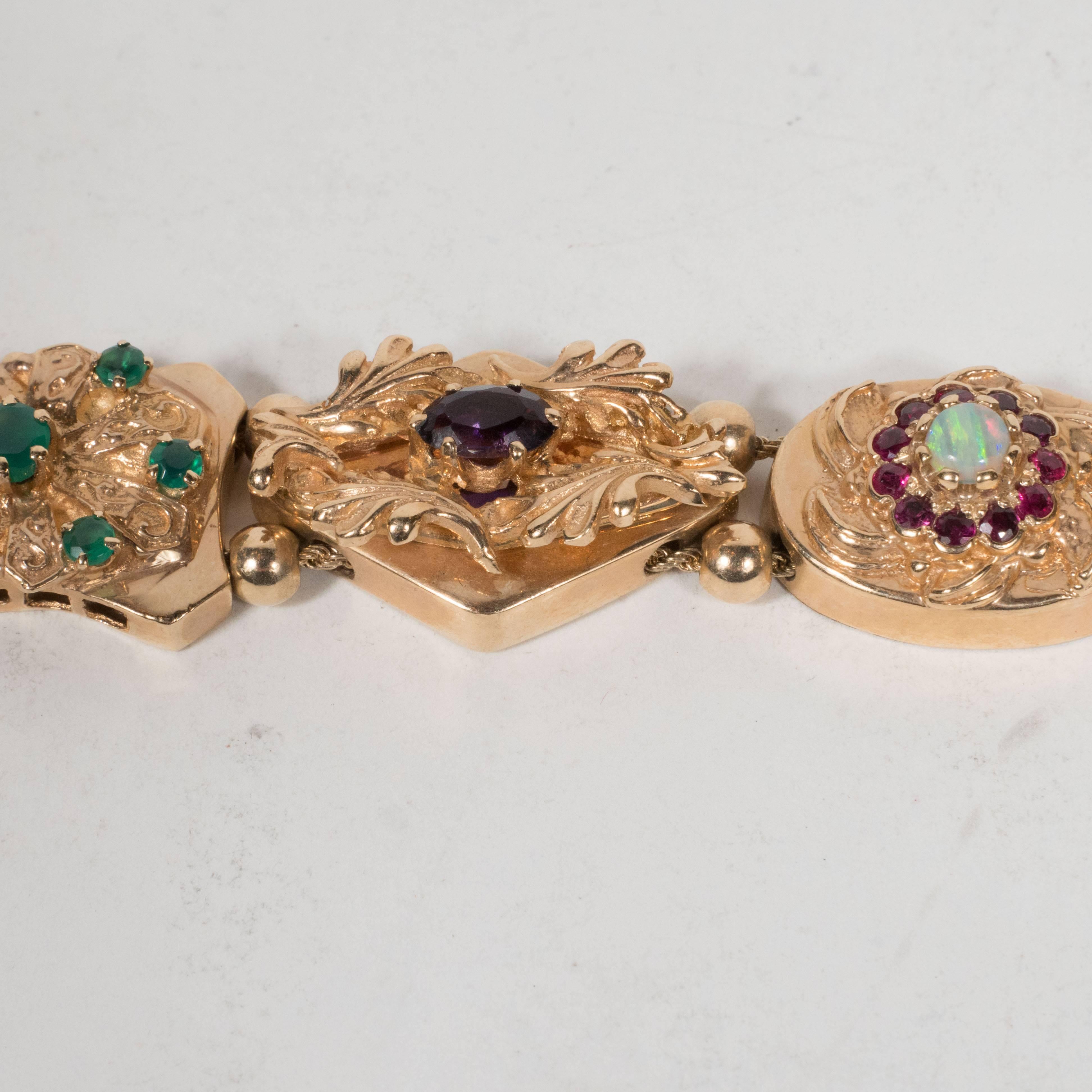 1940s Gold Slide Bracelet with Sapphire, Opal, Pearl, Ruby, Emerald and Diamond 1