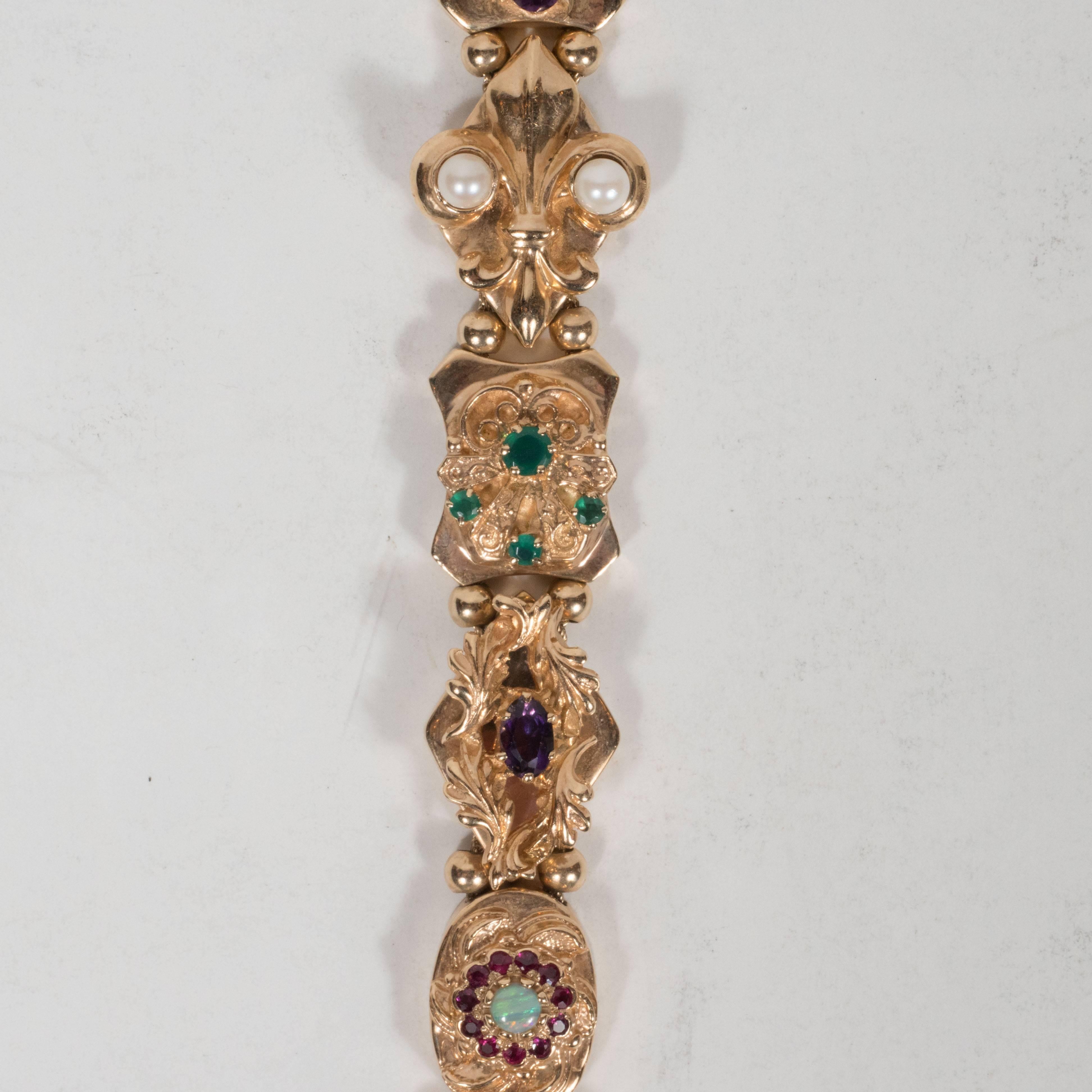Women's 1940s Gold Slide Bracelet with Sapphire, Opal, Pearl, Ruby, Emerald and Diamond