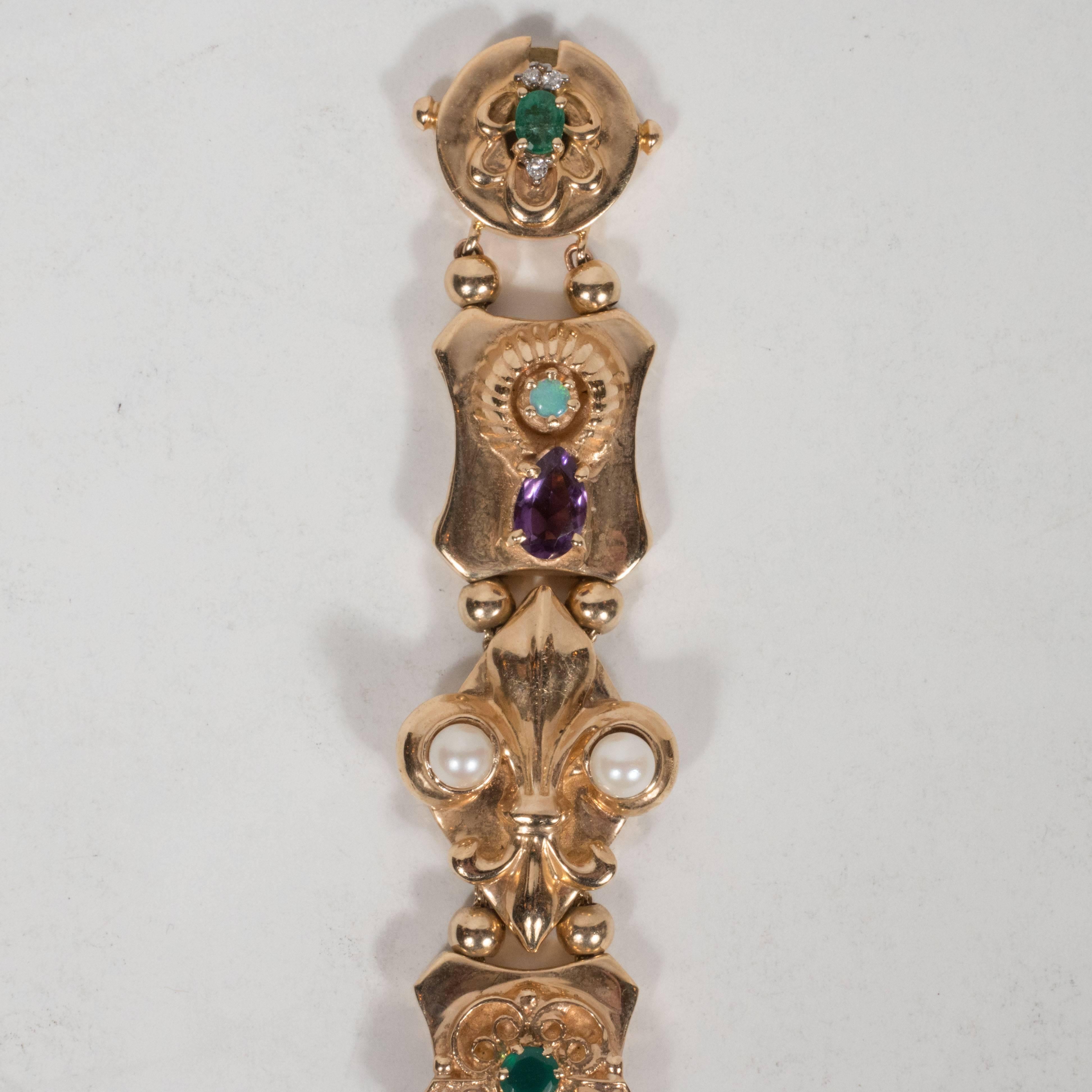 1940s Gold Slide Bracelet with Sapphire, Opal, Pearl, Ruby, Emerald and Diamond In Excellent Condition In New York, NY