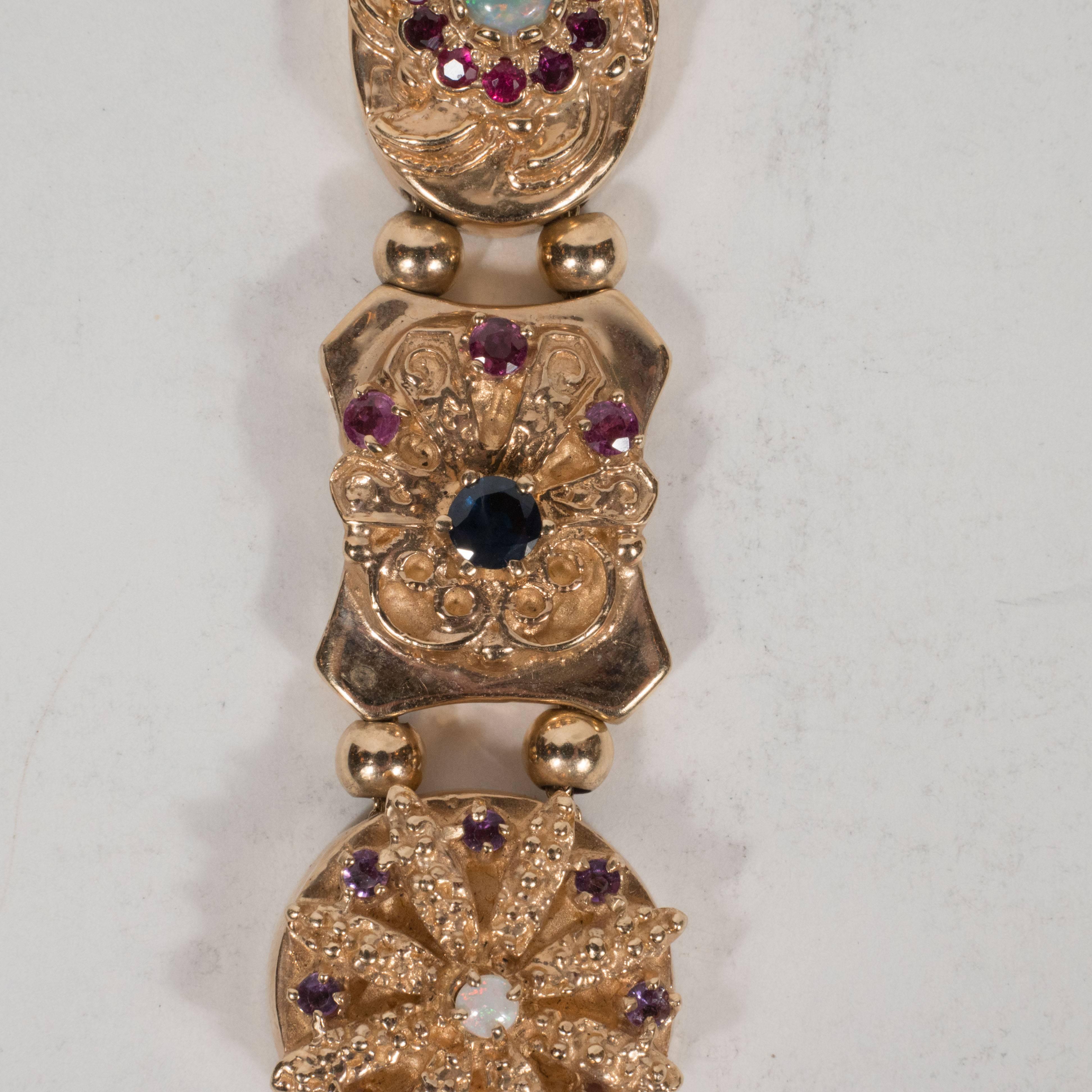 1940s Gold Slide Bracelet with Sapphire, Opal, Pearl, Ruby, Emerald and Diamond 3
