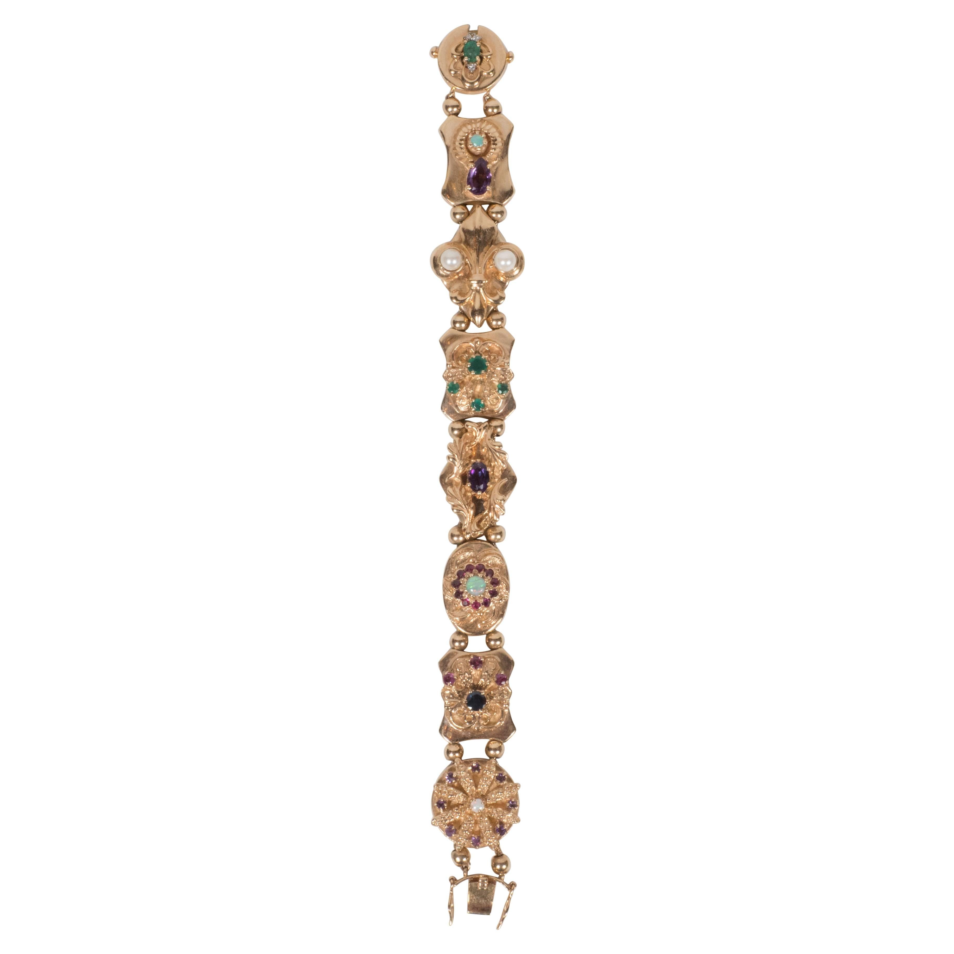 1940s Gold Slide Bracelet with Sapphire, Opal, Pearl, Ruby, Emerald and Diamond