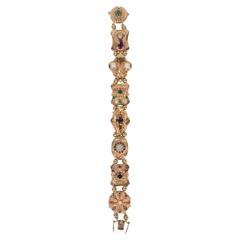 Vintage 1940s Gold Slide Bracelet with Sapphire, Opal, Pearl, Ruby, Emerald and Diamond