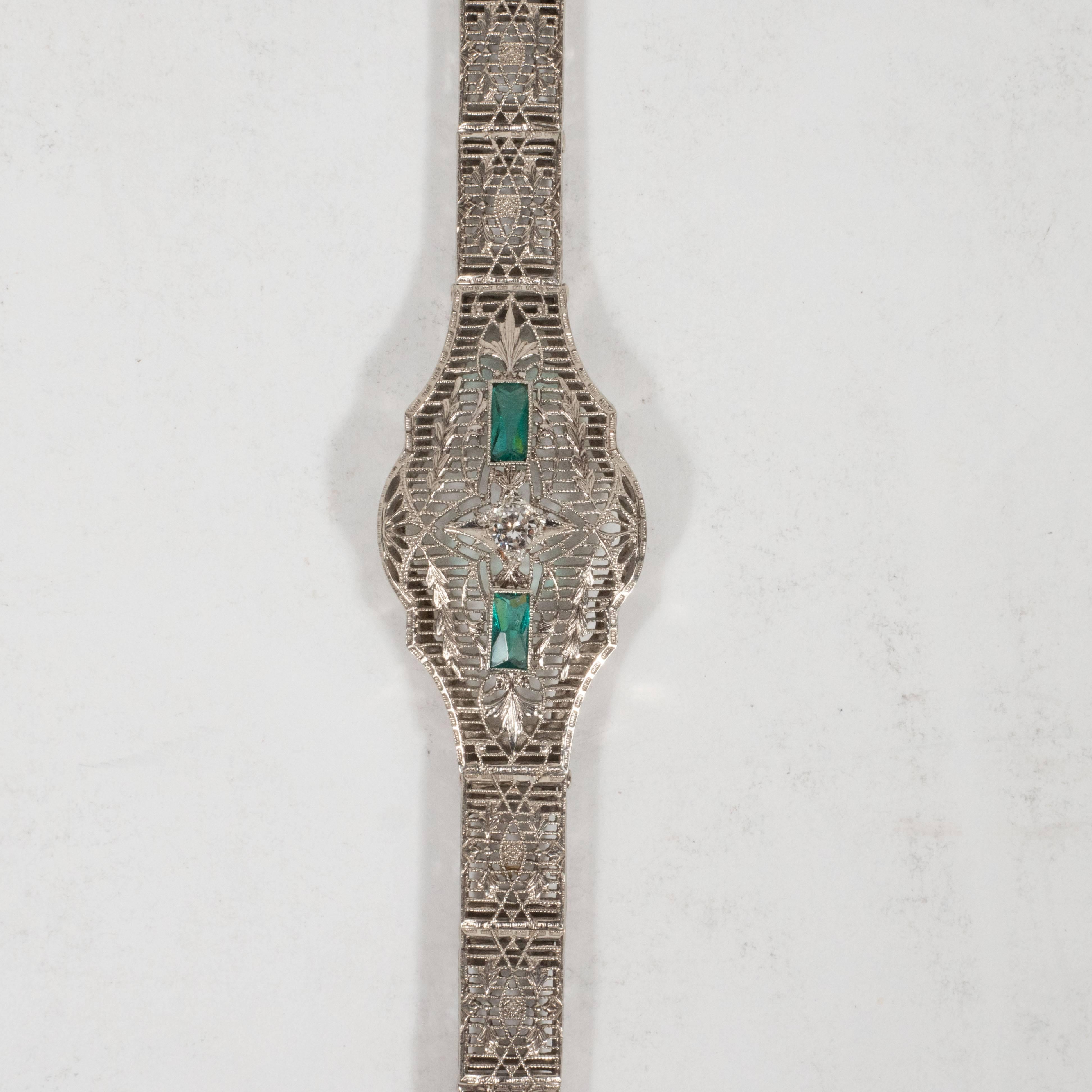 Women's Elegant Art Deco White Gold and Emerald Bracelet with Stylized Foliate Motifs