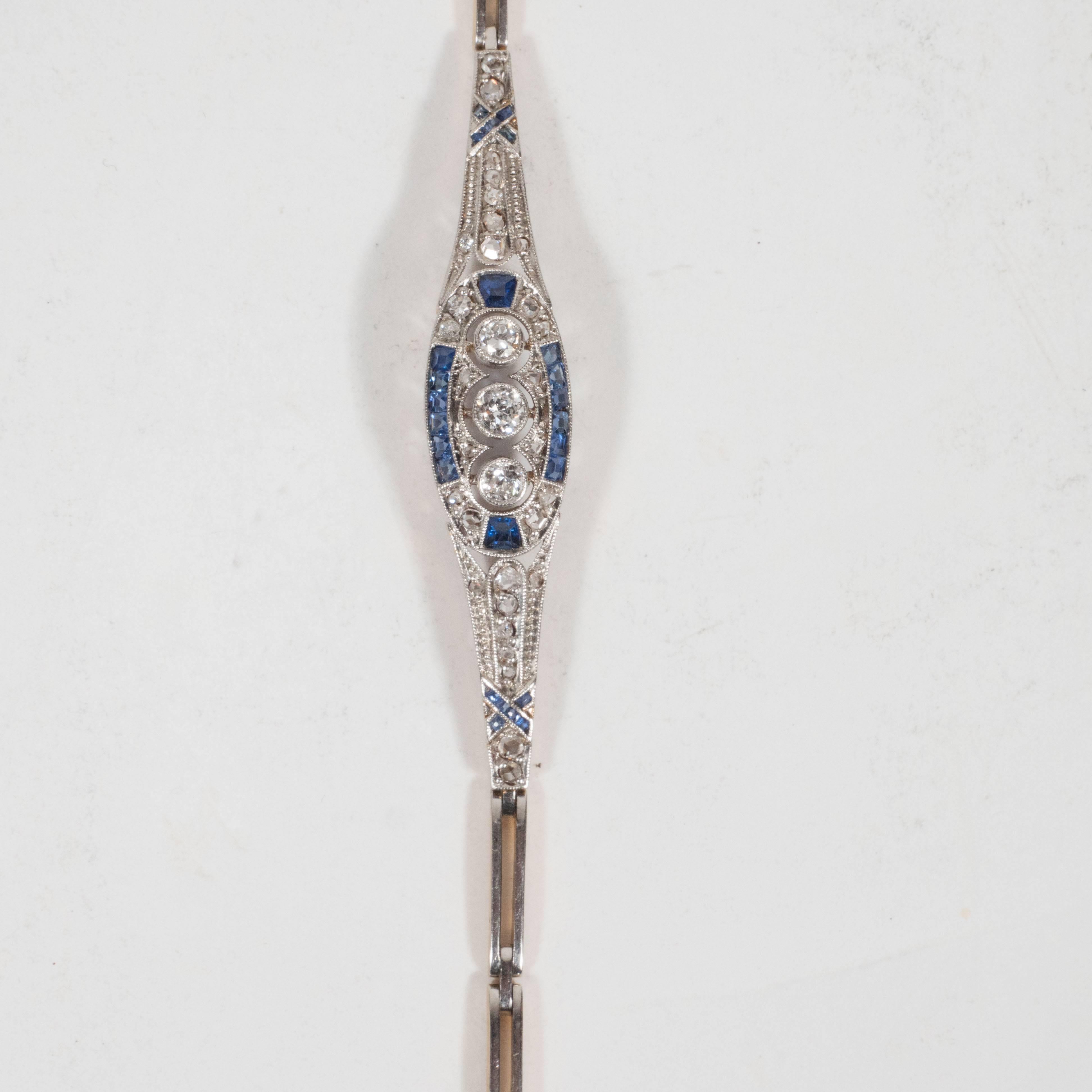Women's Exquisite Art Deco Sapphire Diamond Filigreed White Gold Bracelet 