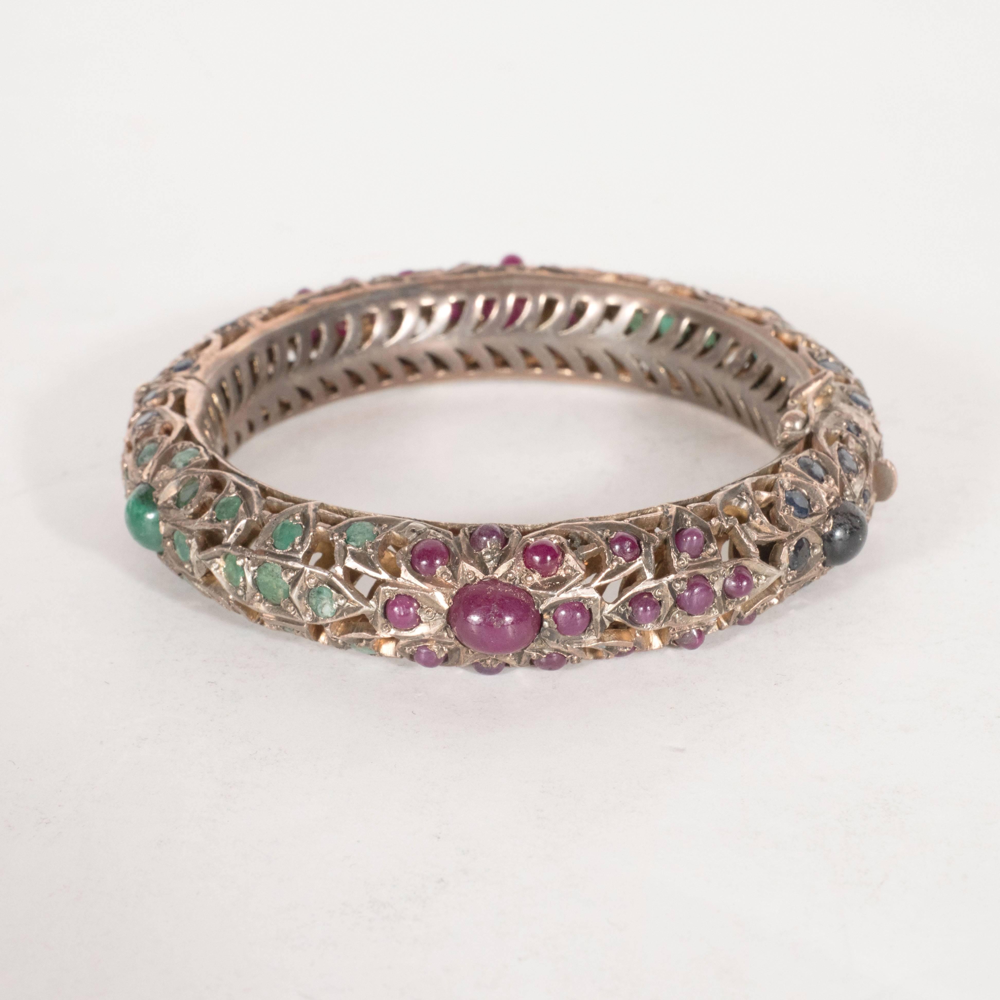 Modernist Mid-Century Indian Emerald Ruby Sapphire White Gold Bracelets  