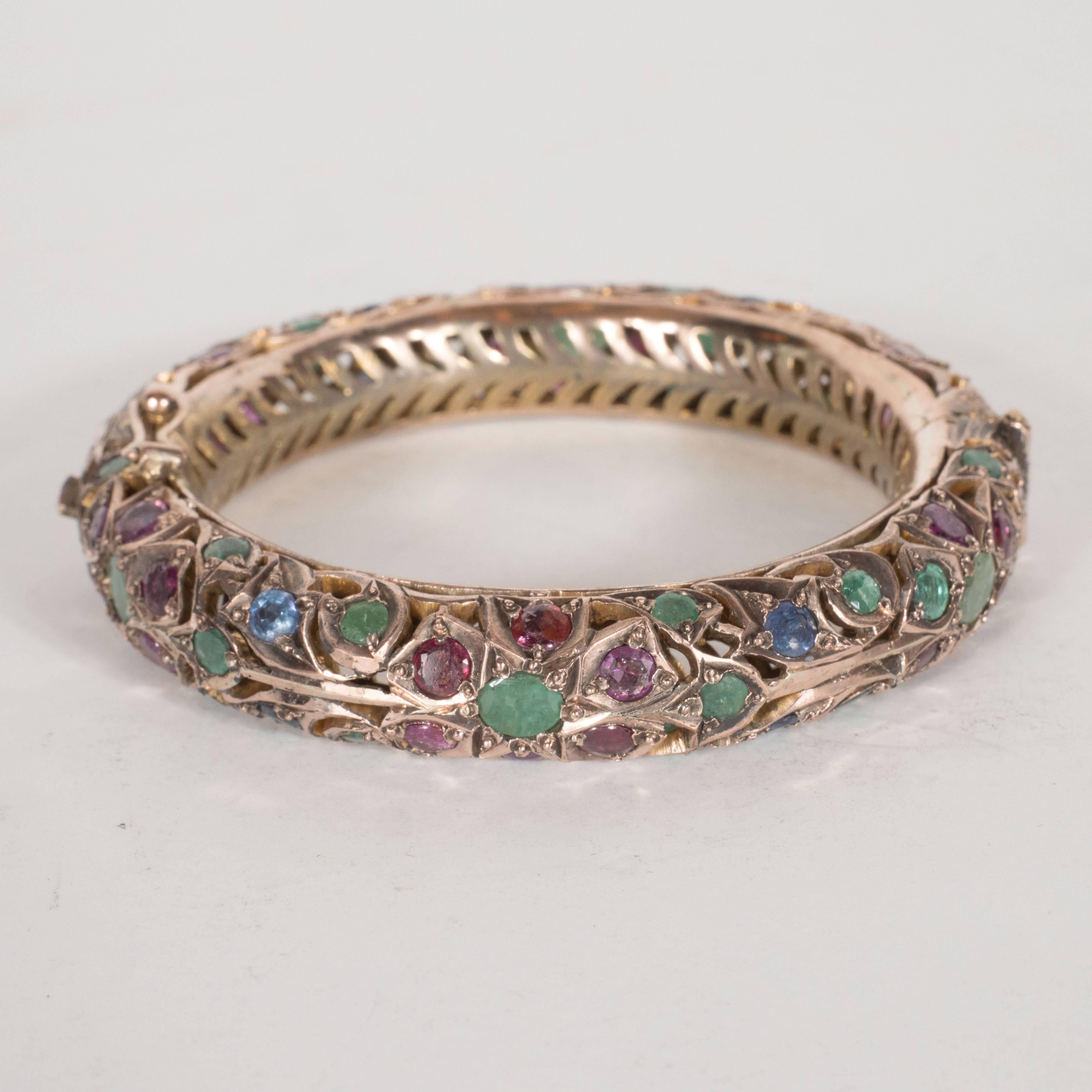 Mid-Century Indian Emerald Ruby Sapphire White Gold Bracelets   In Excellent Condition In New York, NY