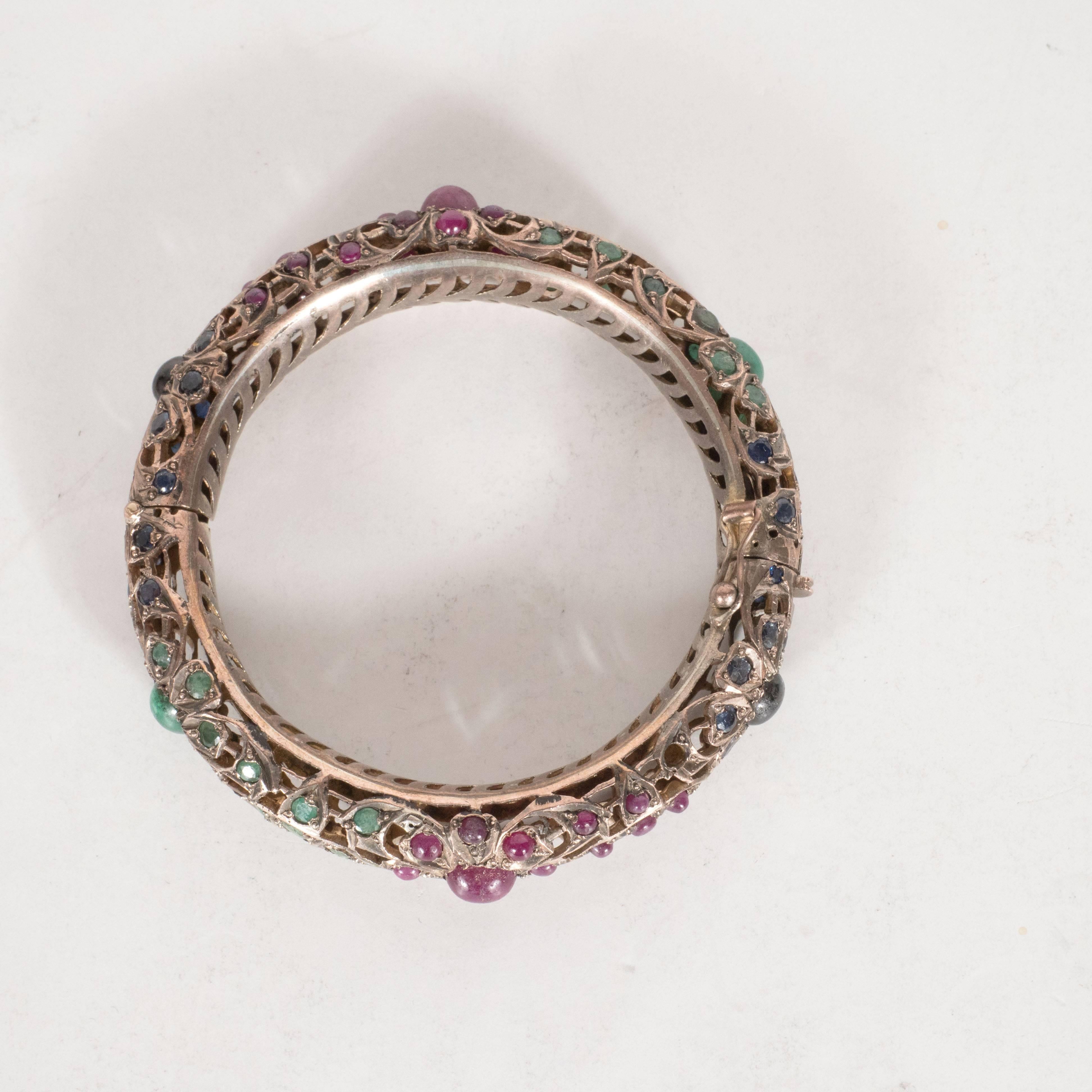 Women's Mid-Century Indian Emerald Ruby Sapphire White Gold Bracelets  
