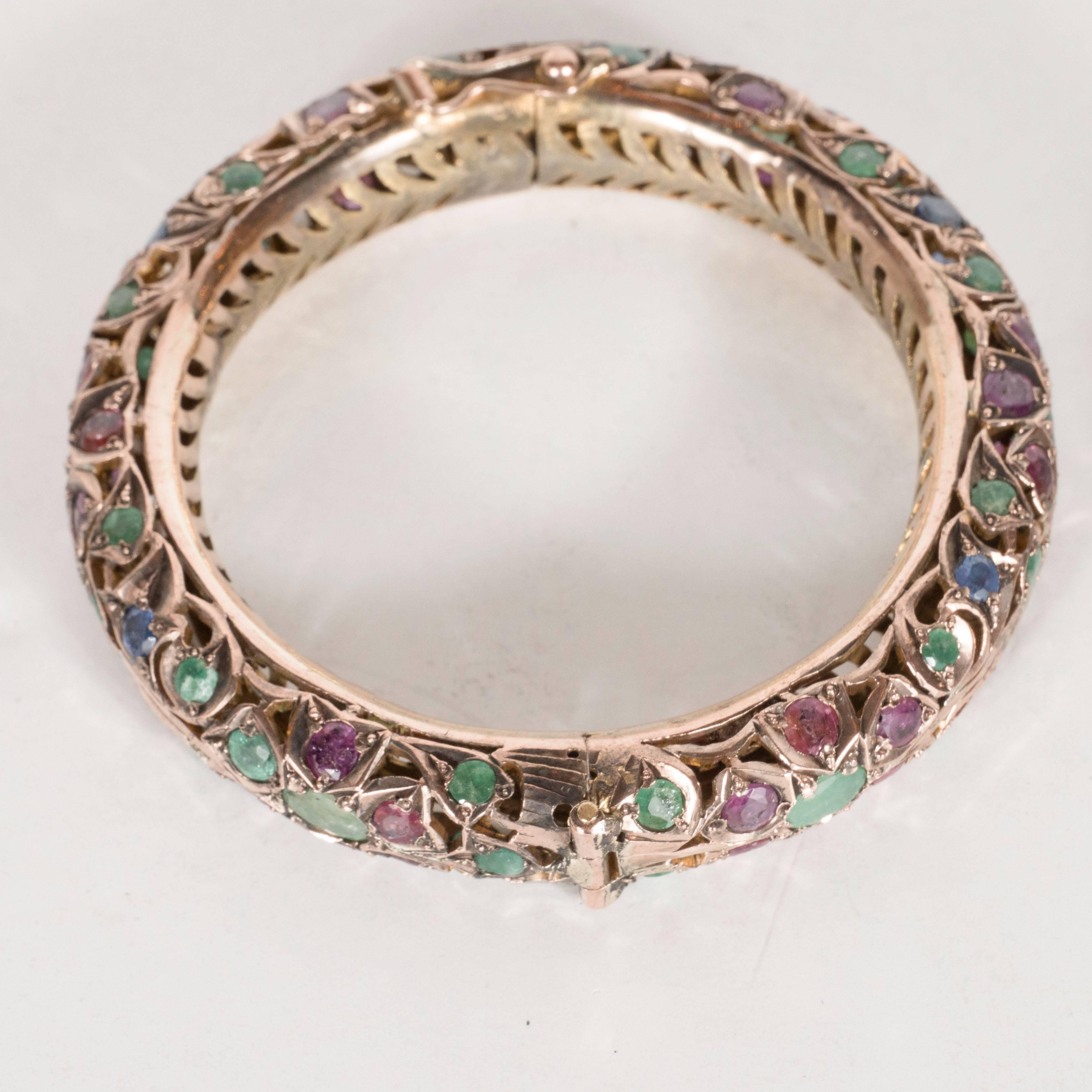 Mid-Century Indian Emerald Ruby Sapphire White Gold Bracelets   1