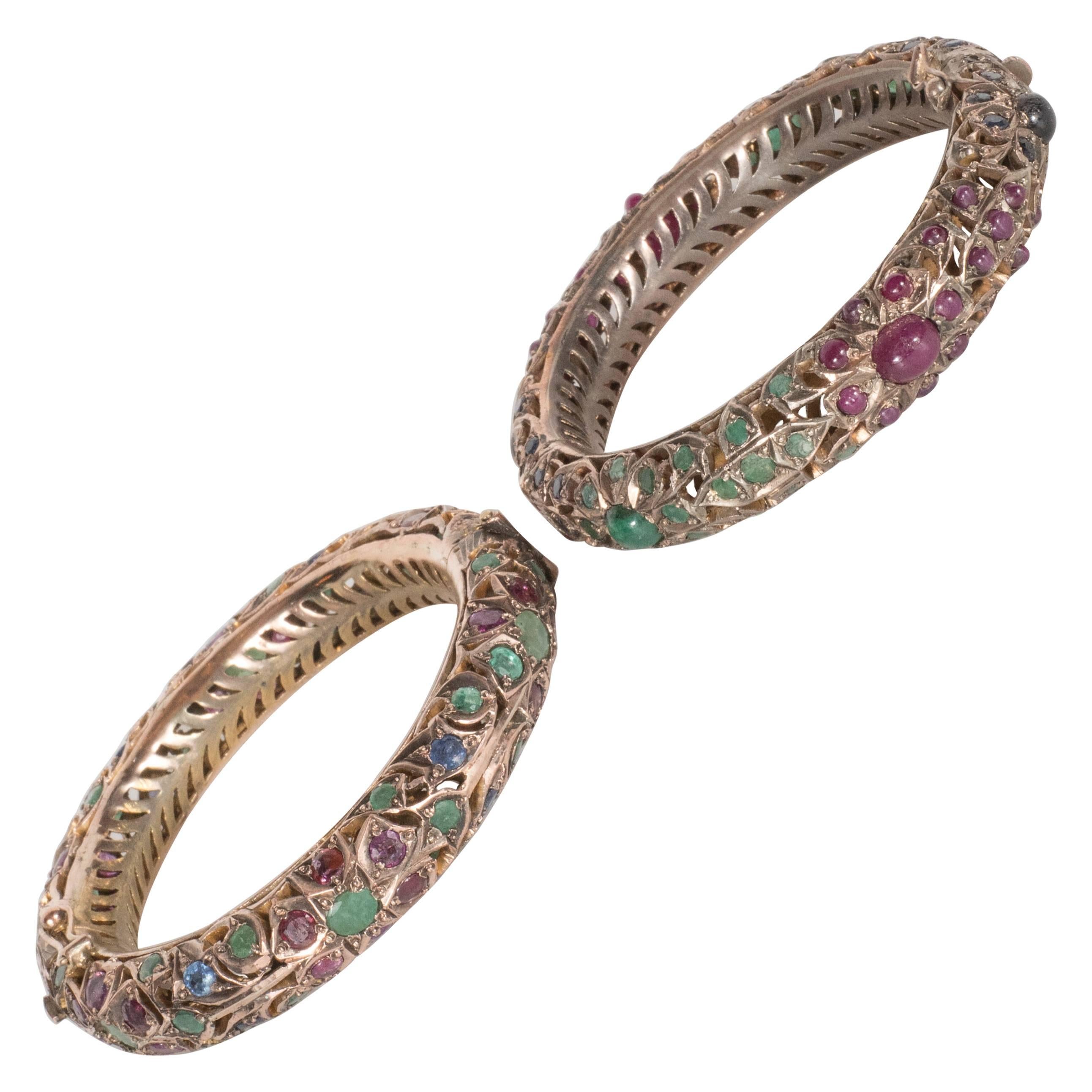 Mid-Century Indian Emerald Ruby Sapphire White Gold Bracelets  