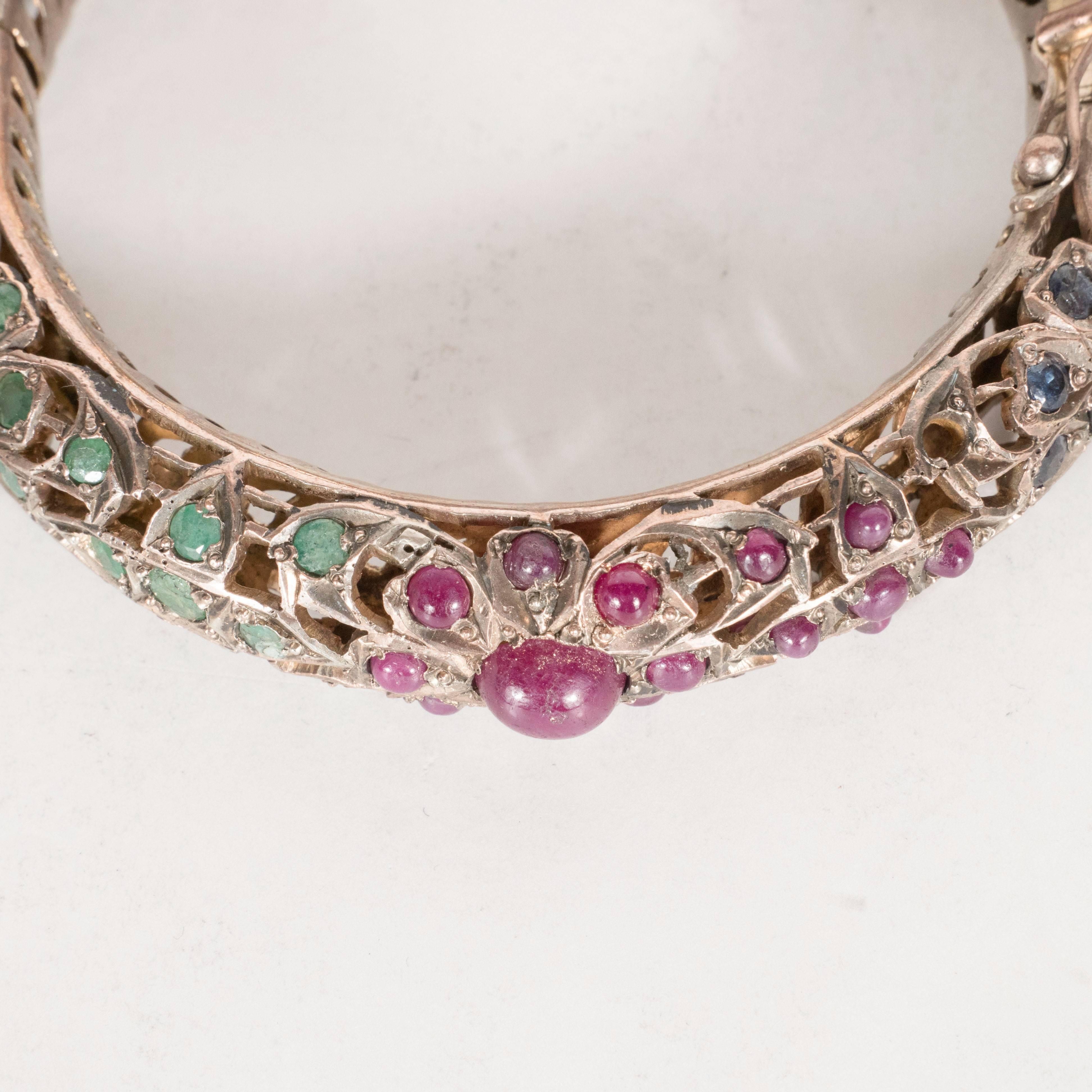 Mid-Century Indian Emerald Ruby Sapphire White Gold Bracelets   2