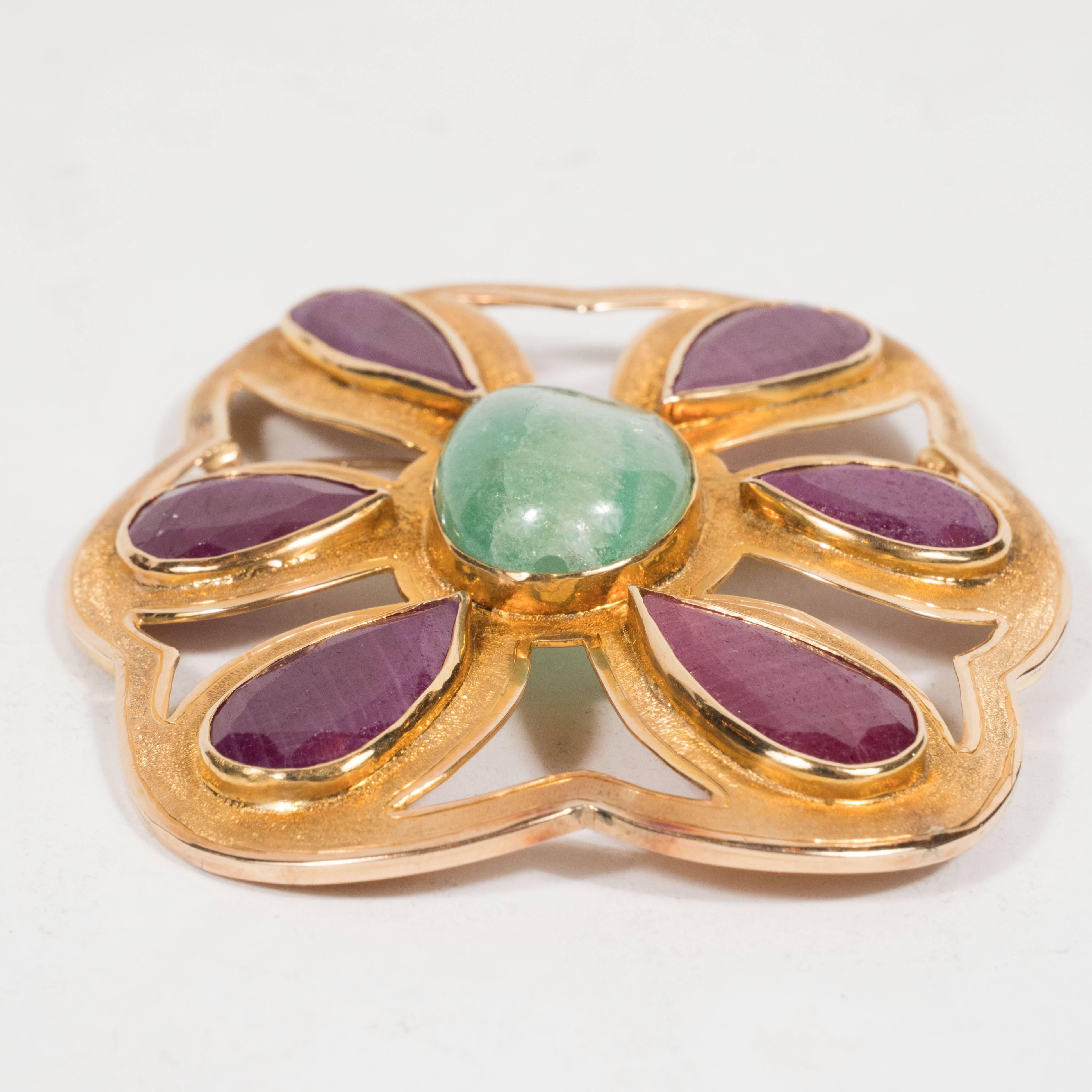 Mid-Century Emerald Ruby Yellow Gold Modernist Brooch  In Excellent Condition In New York, NY