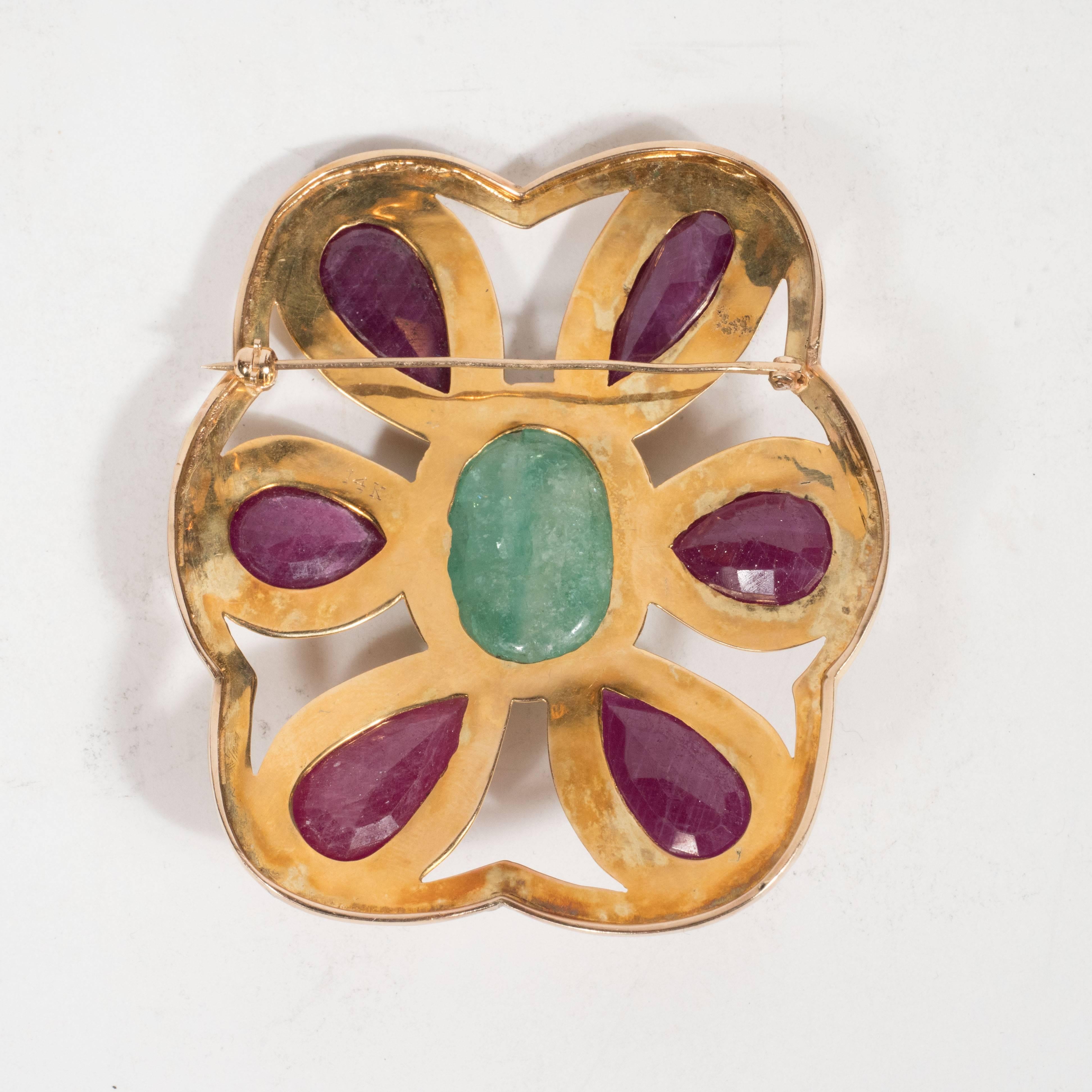 Mid-Century Emerald Ruby Yellow Gold Modernist Brooch  1