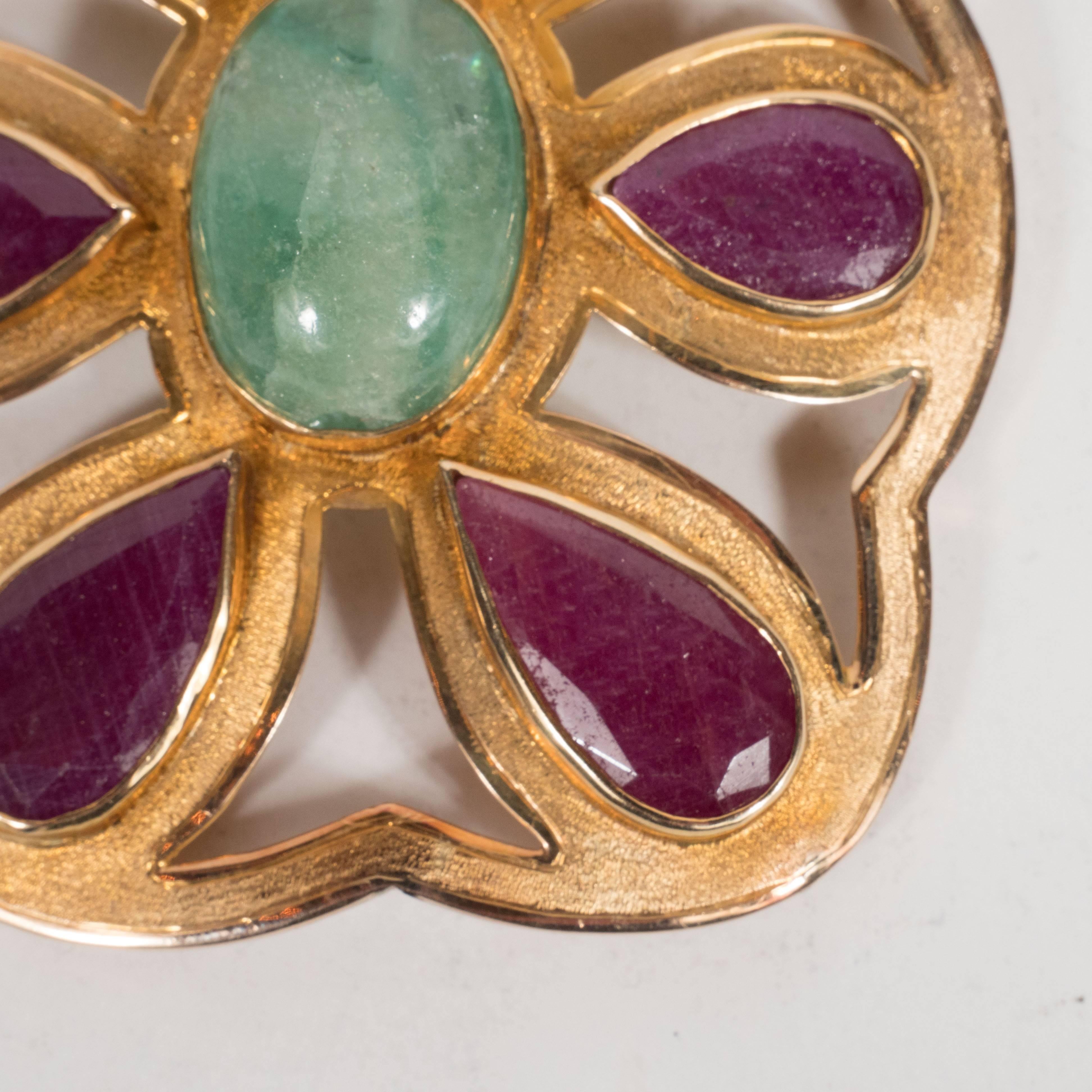 Mid-Century Emerald Ruby Yellow Gold Modernist Brooch  2