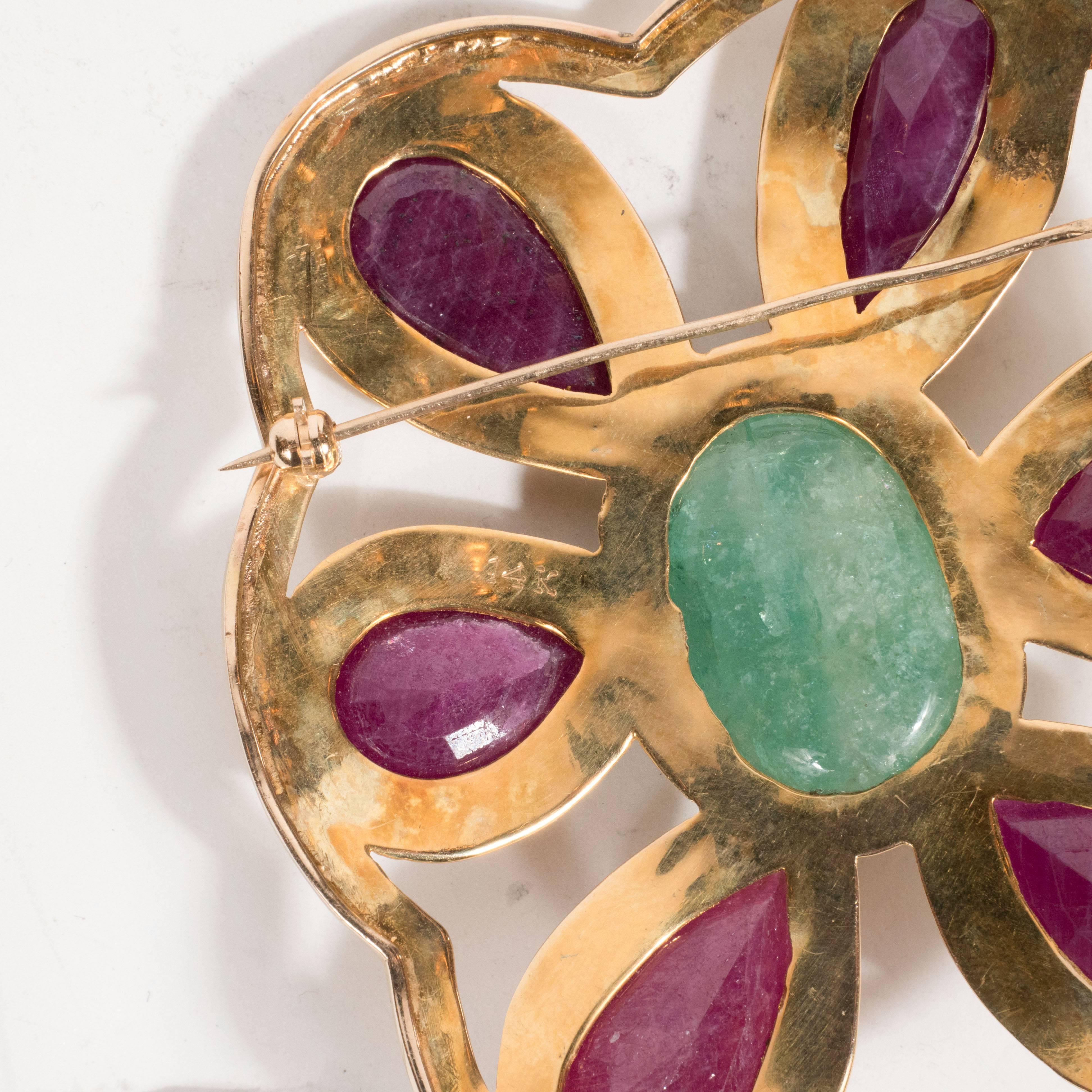 Mid-Century Emerald Ruby Yellow Gold Modernist Brooch  3