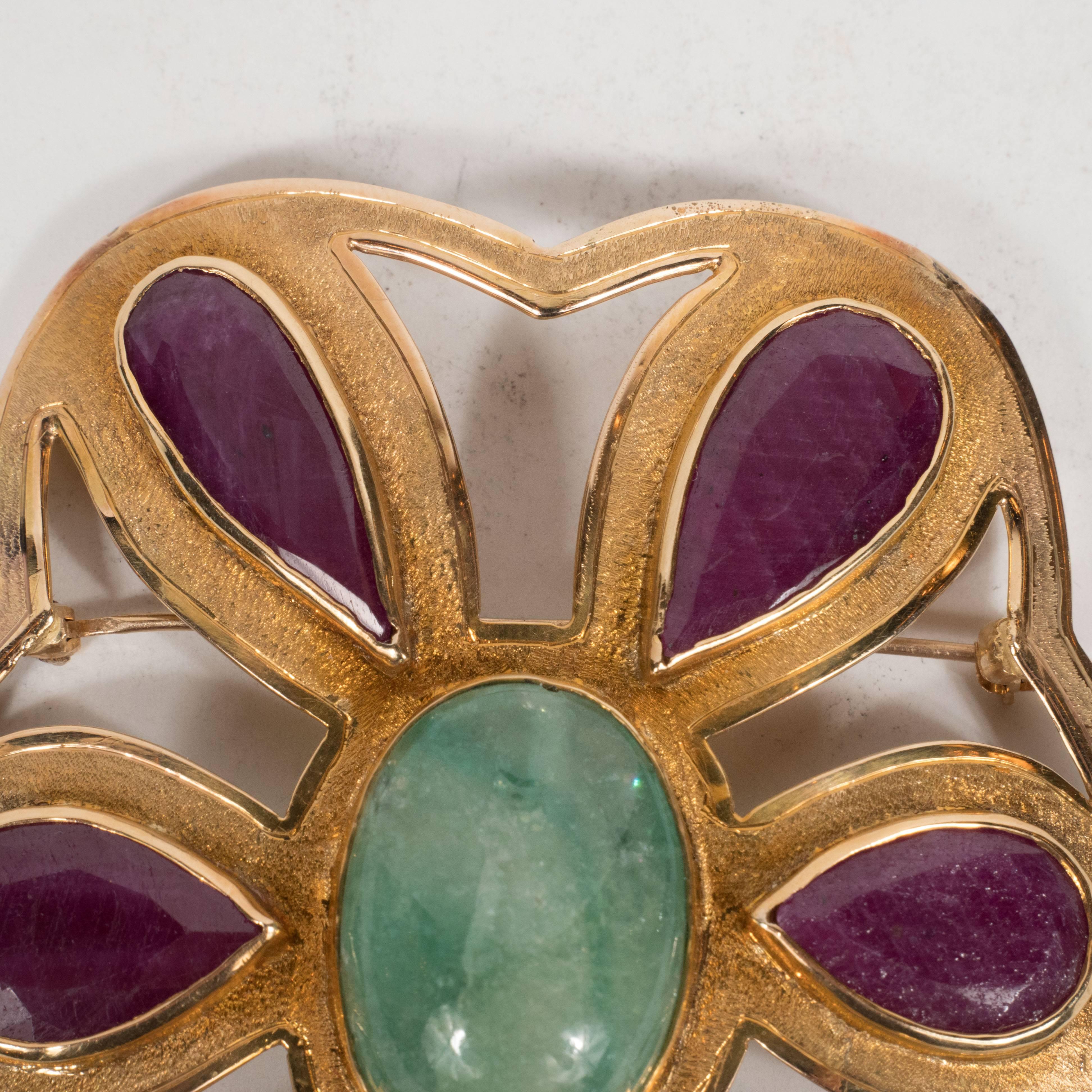 Mid-Century Emerald Ruby Yellow Gold Modernist Brooch  4