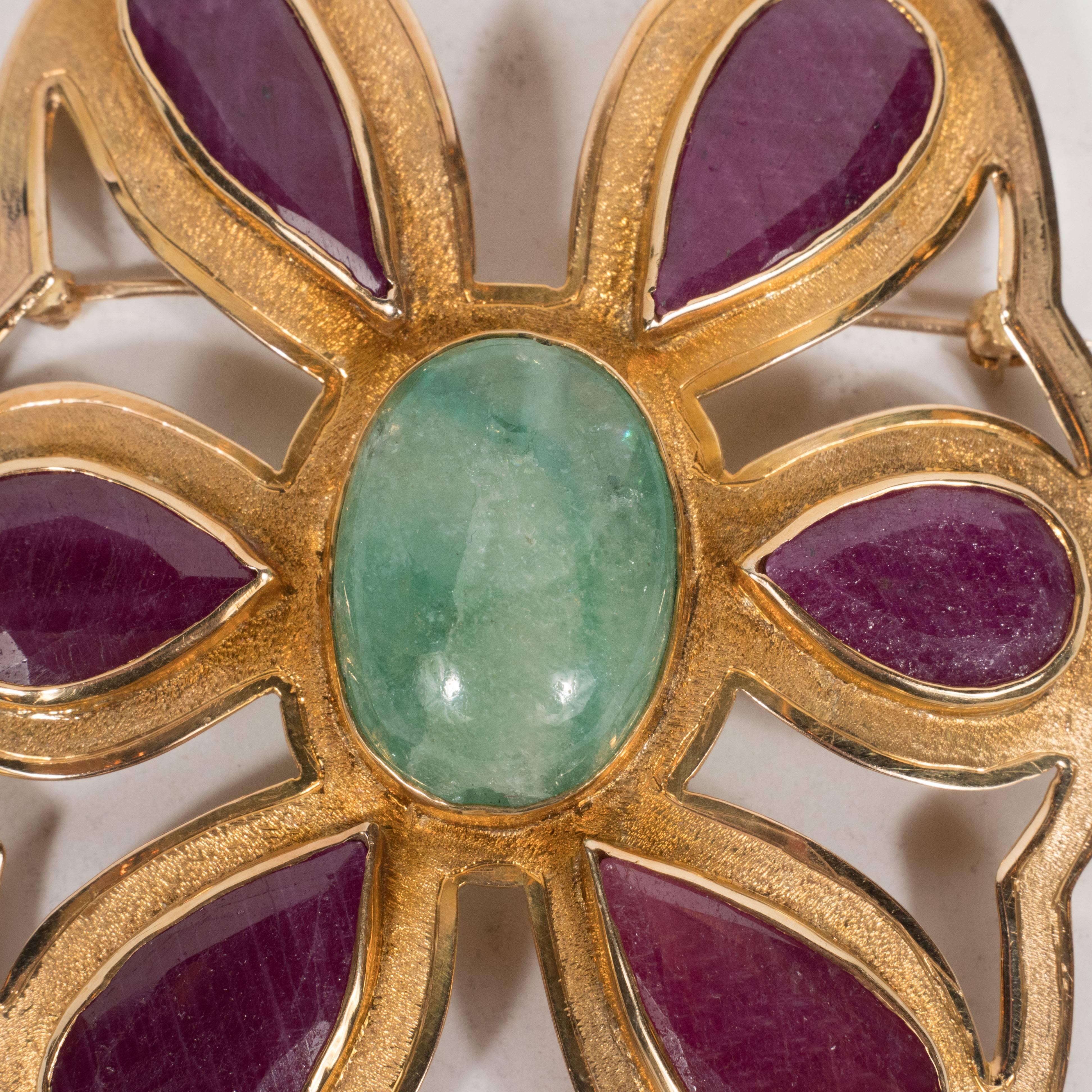 Mid-Century Emerald Ruby Yellow Gold Modernist Brooch  5