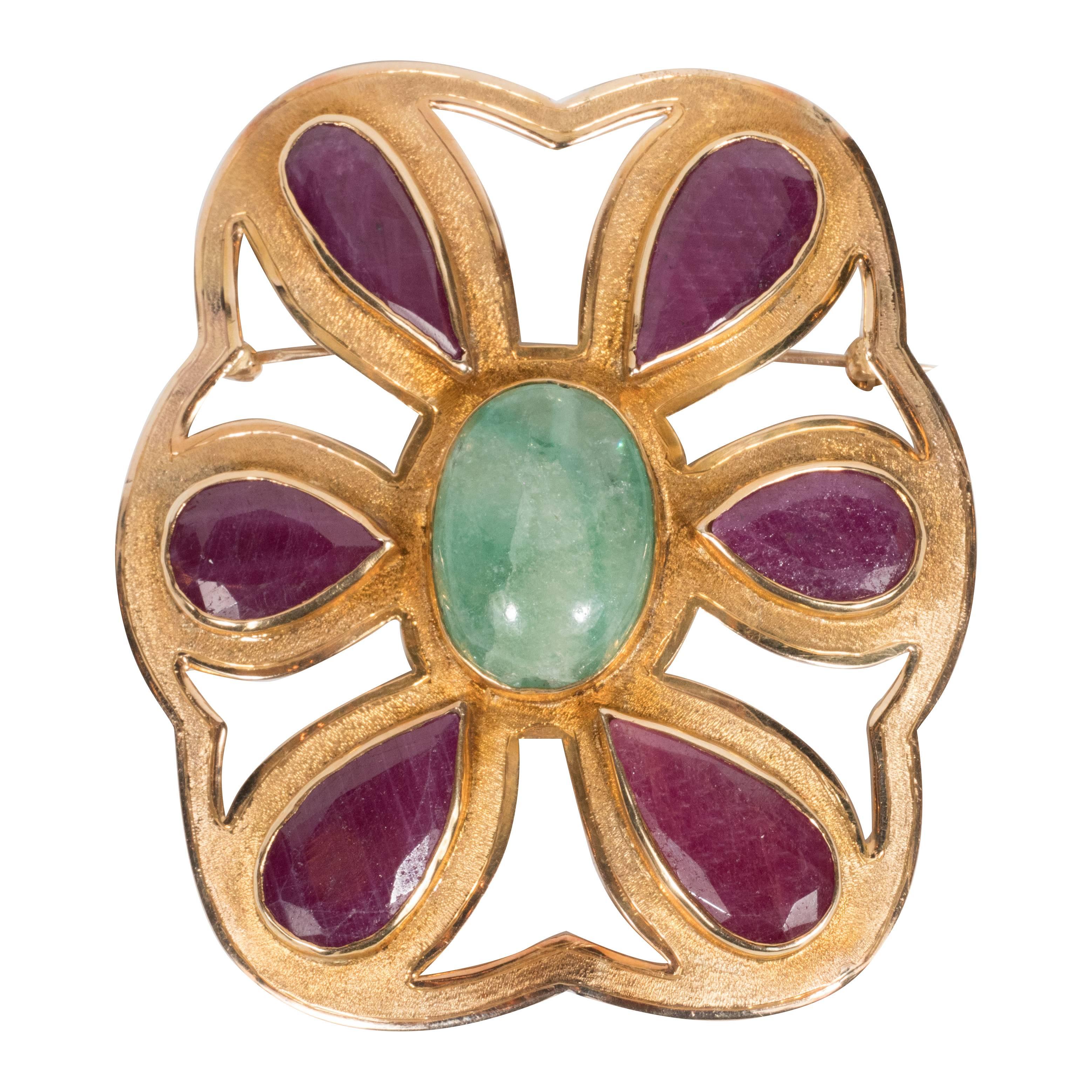 Mid-Century Emerald Ruby Yellow Gold Modernist Brooch 
