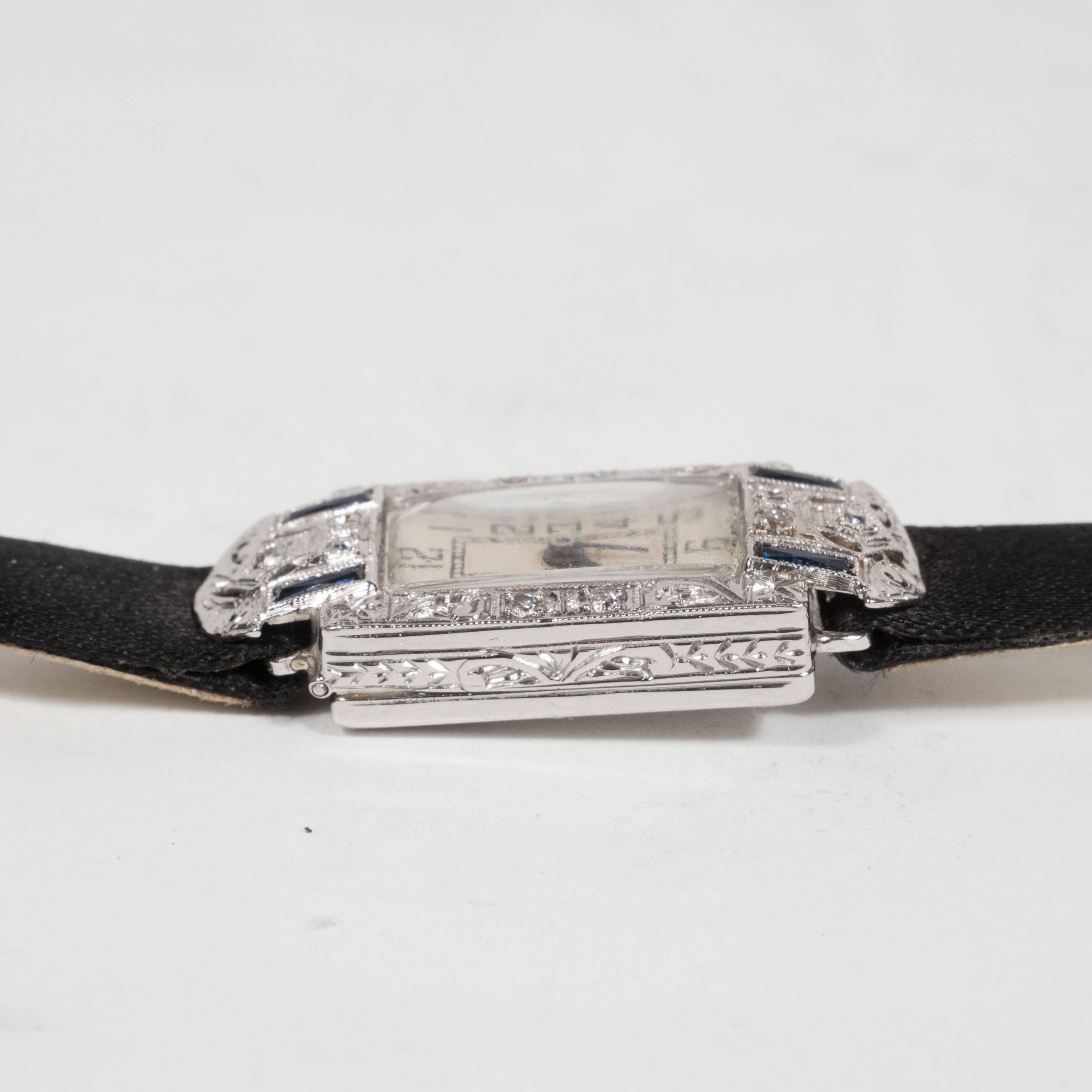 Exquisite White Gold Sapphire Art Deco Wristwatch with Satin Band 3