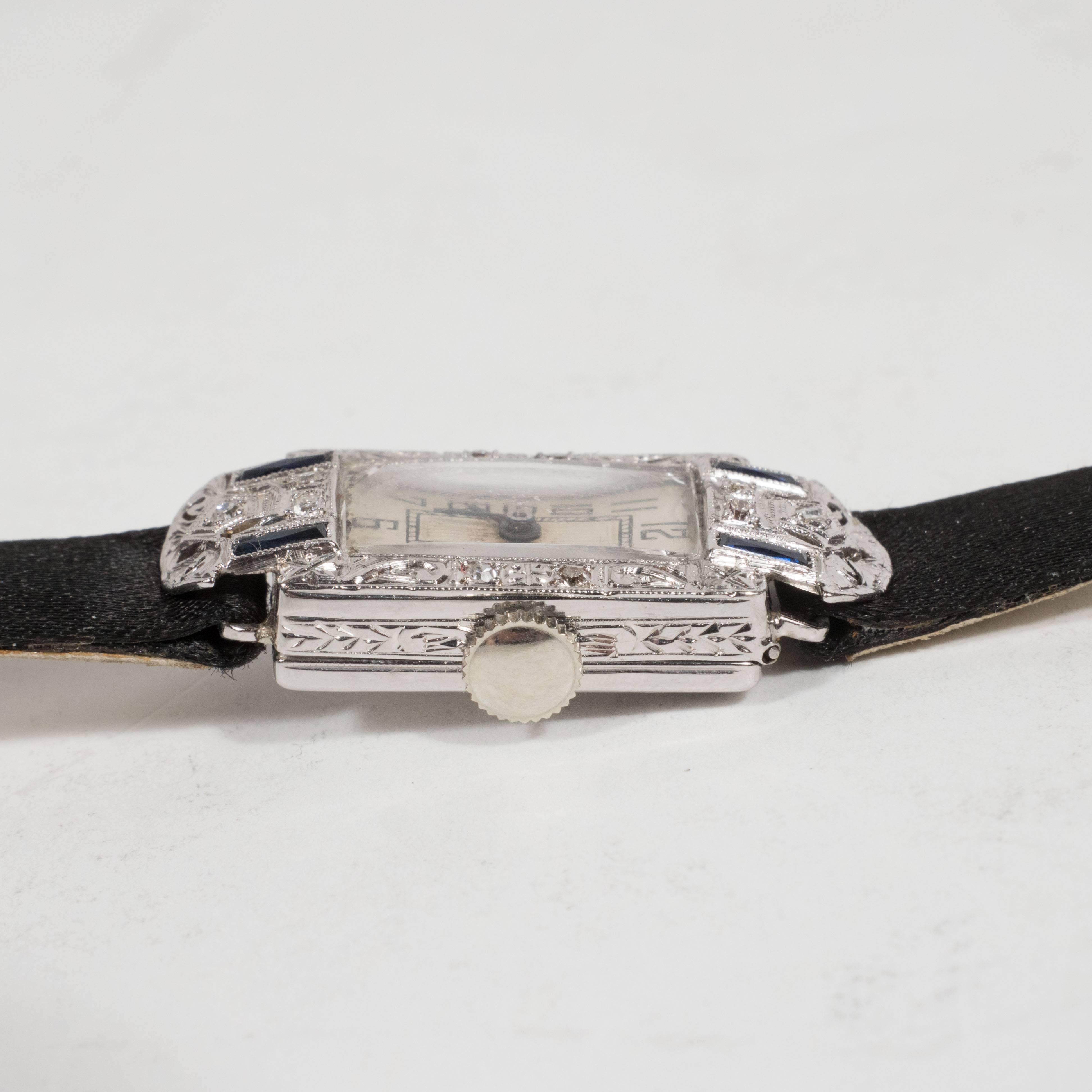 Exquisite White Gold Sapphire Art Deco Wristwatch with Satin Band 1