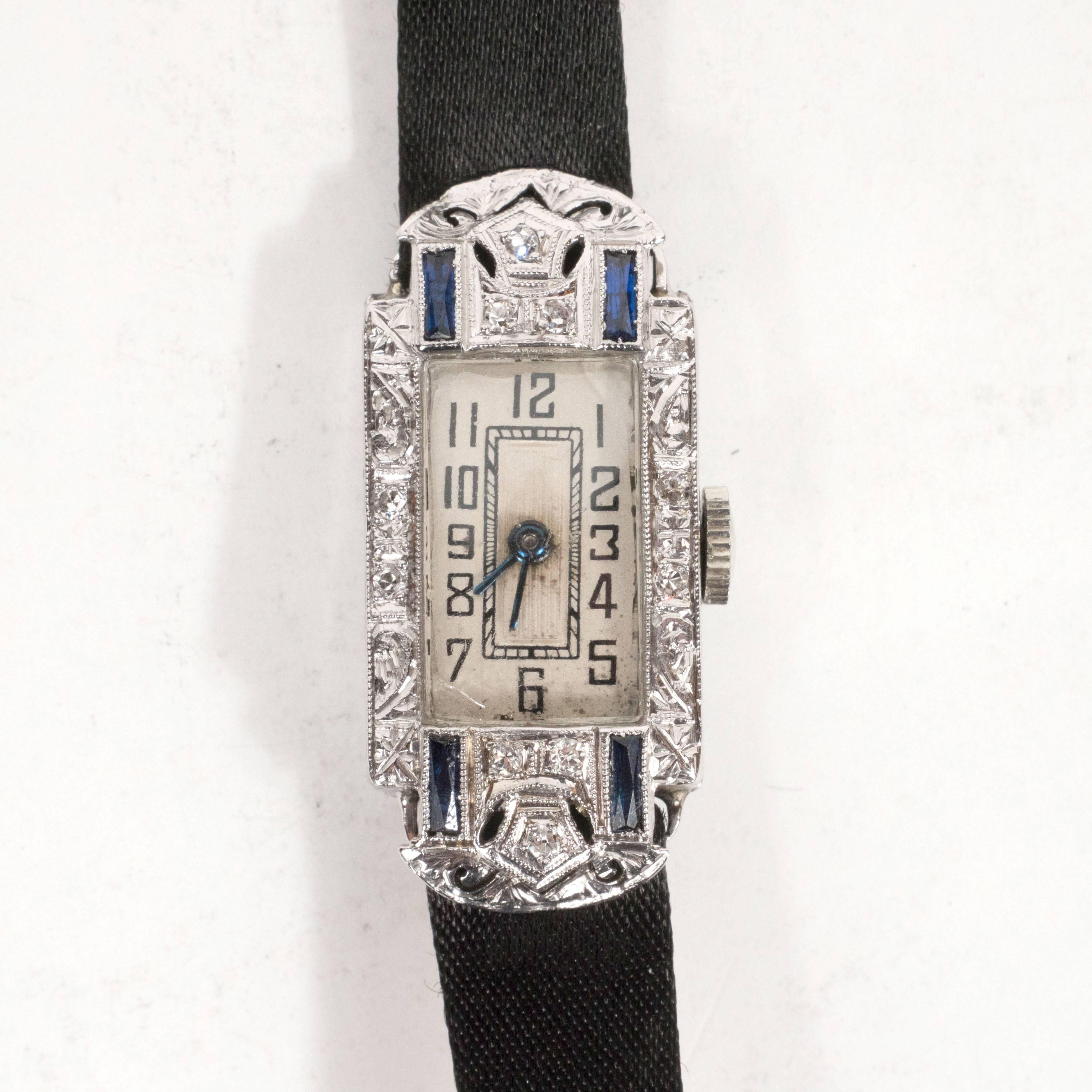 Exquisite White Gold Sapphire Art Deco Wristwatch with Satin Band 4