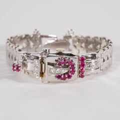 Retro White Gold Diamond Ruby Art Deco Bracelet Wristwatch, circa 1940
