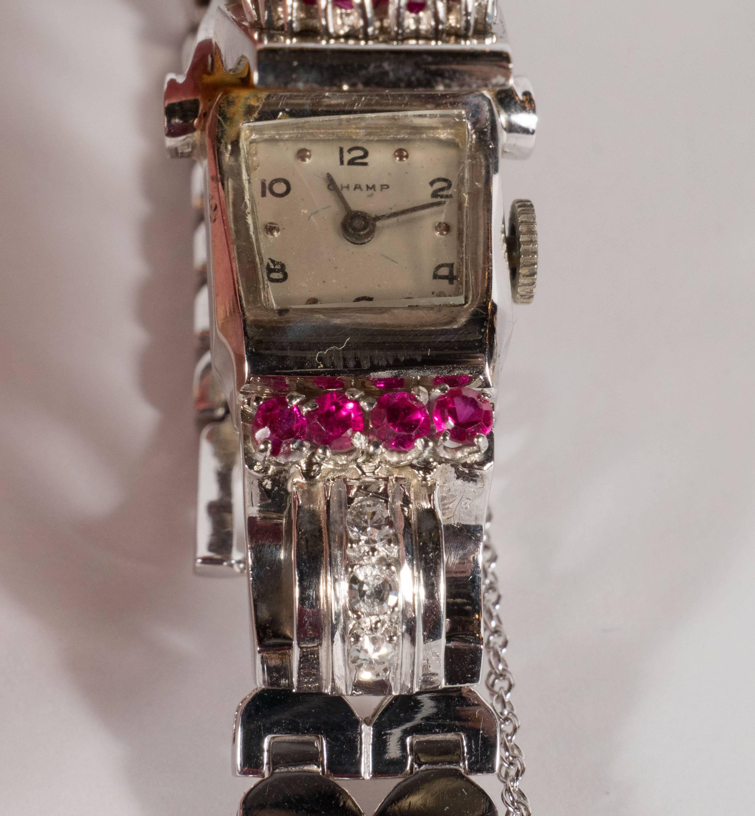 Retro White Gold Diamond Ruby Art Deco Bracelet Wristwatch, circa 1940 5