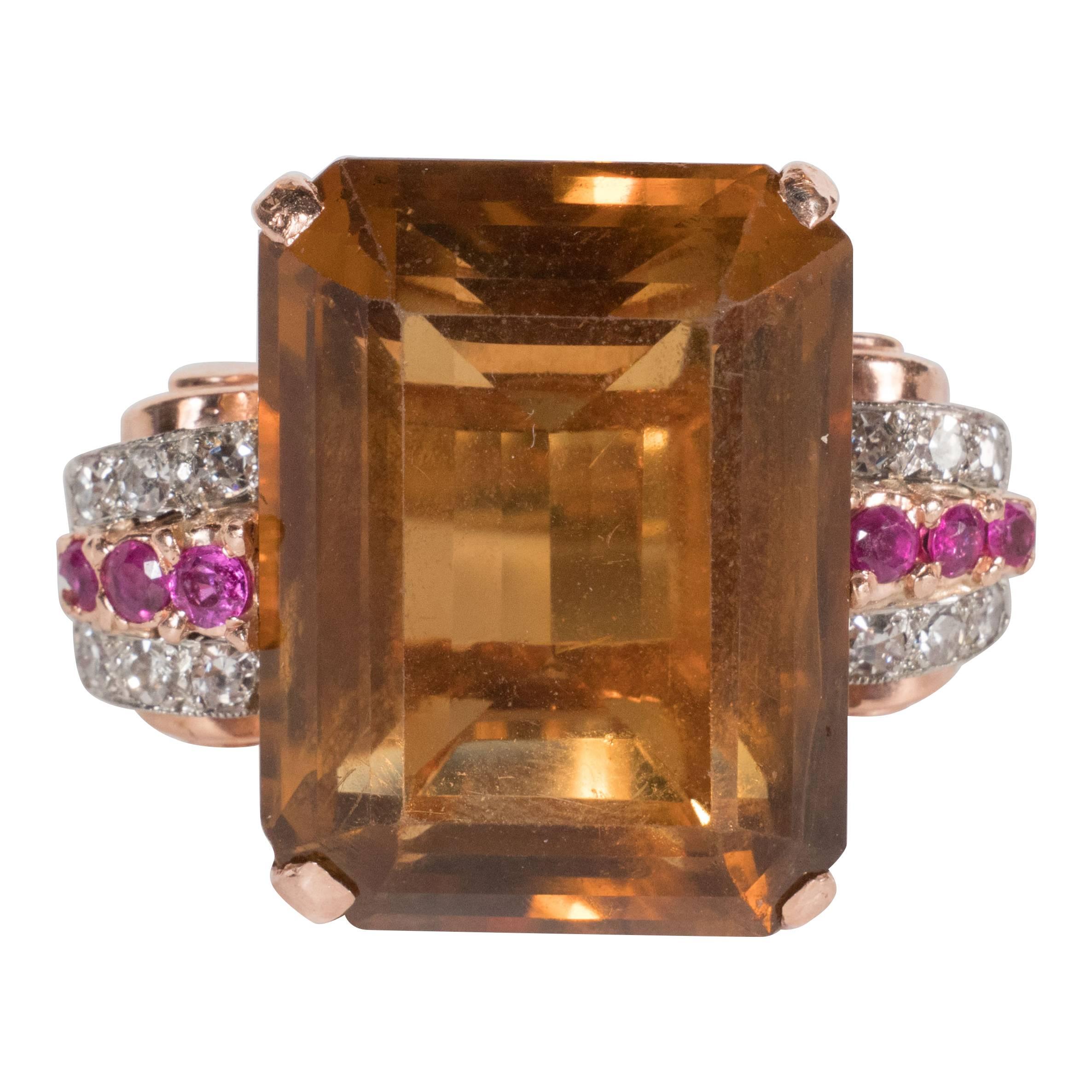 Stunning Retro 14 Karat Rose Gold Topaz Ring with Diamonds and Rubies