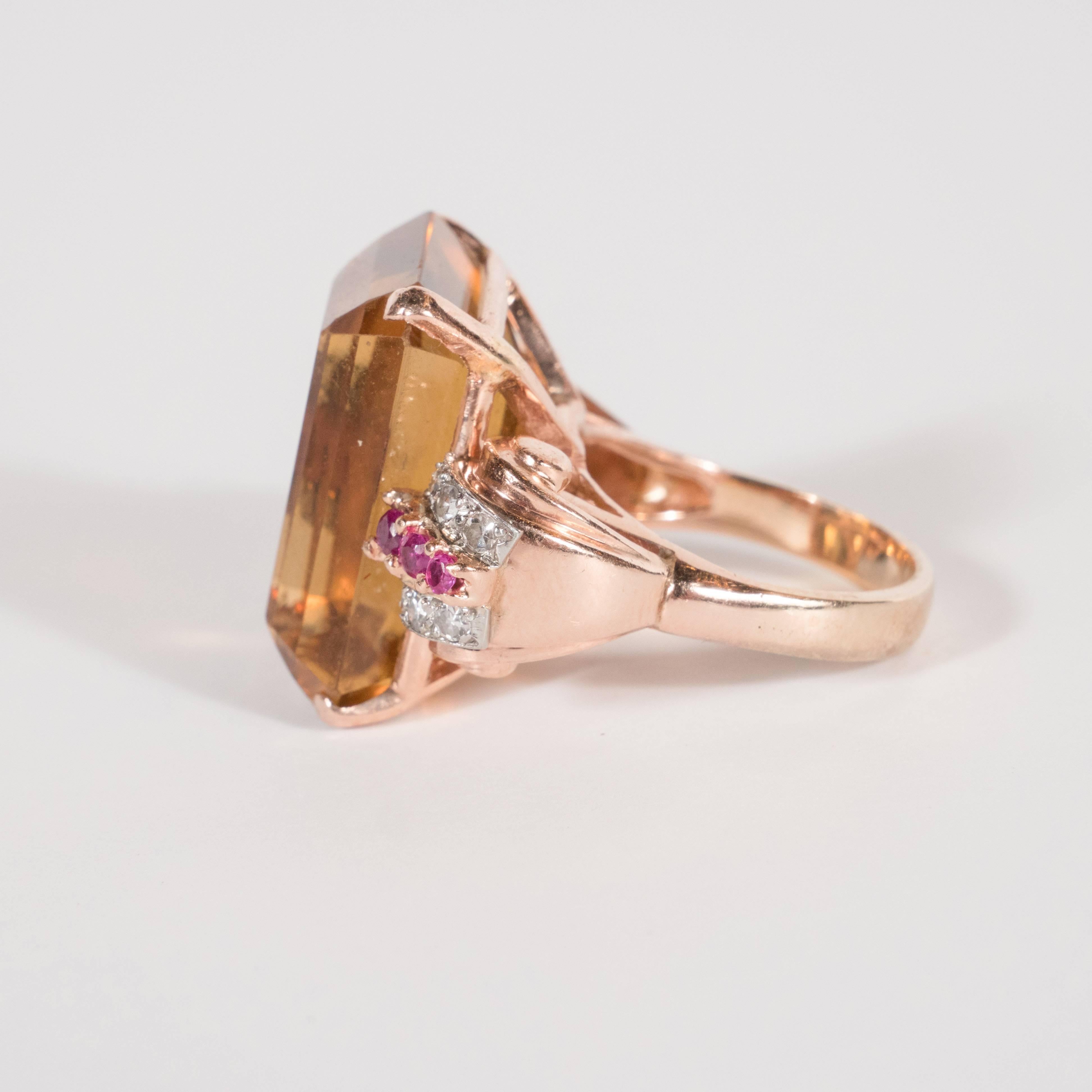 Stunning Retro 14 Karat Rose Gold Topaz Ring with Diamonds and Rubies In Excellent Condition In New York, NY