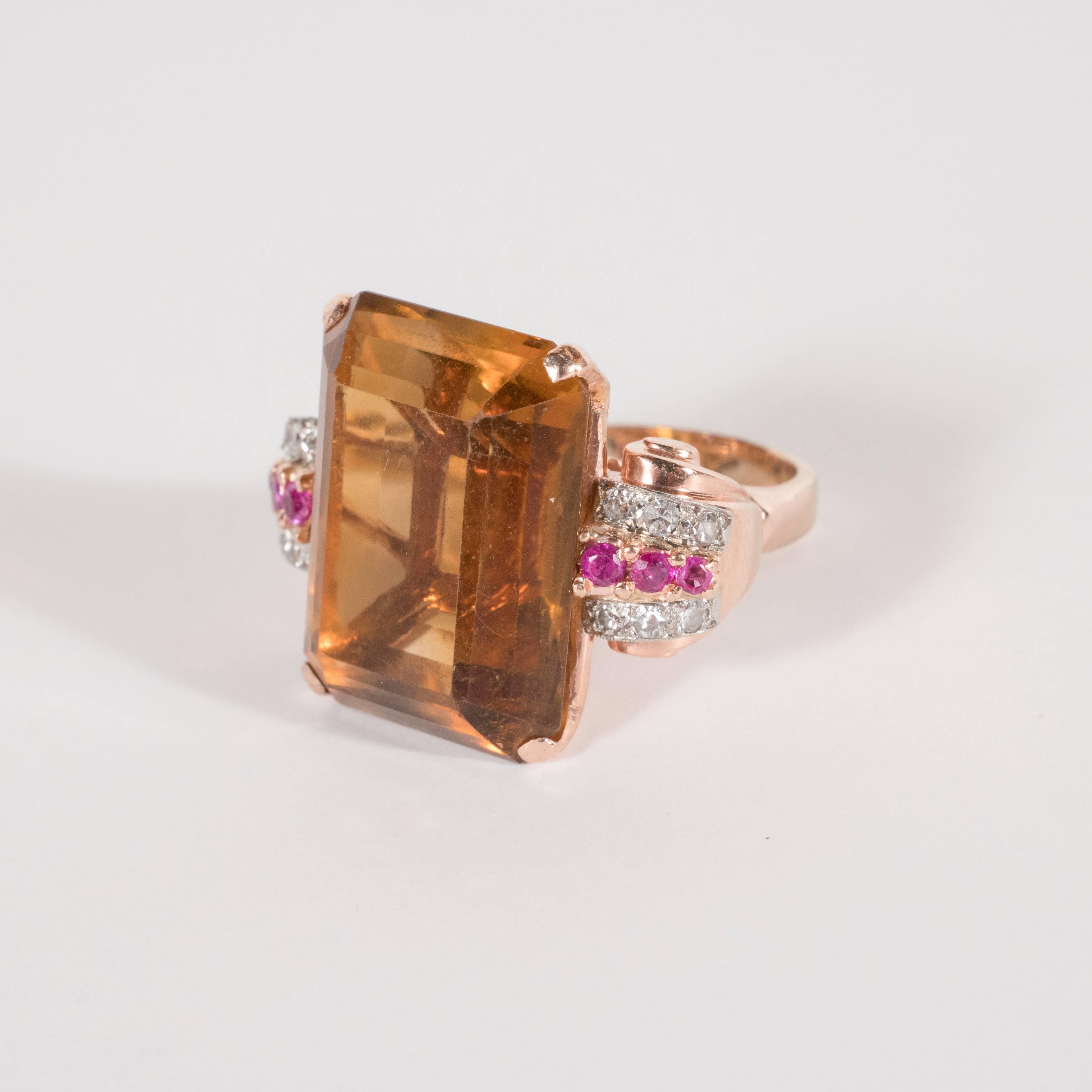 Emerald Cut Stunning Retro 14 Karat Rose Gold Topaz Ring with Diamonds and Rubies