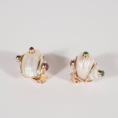 Mid-Century Seamann Schepps Shell Earrings with Cabachon Emeralds and Rubies