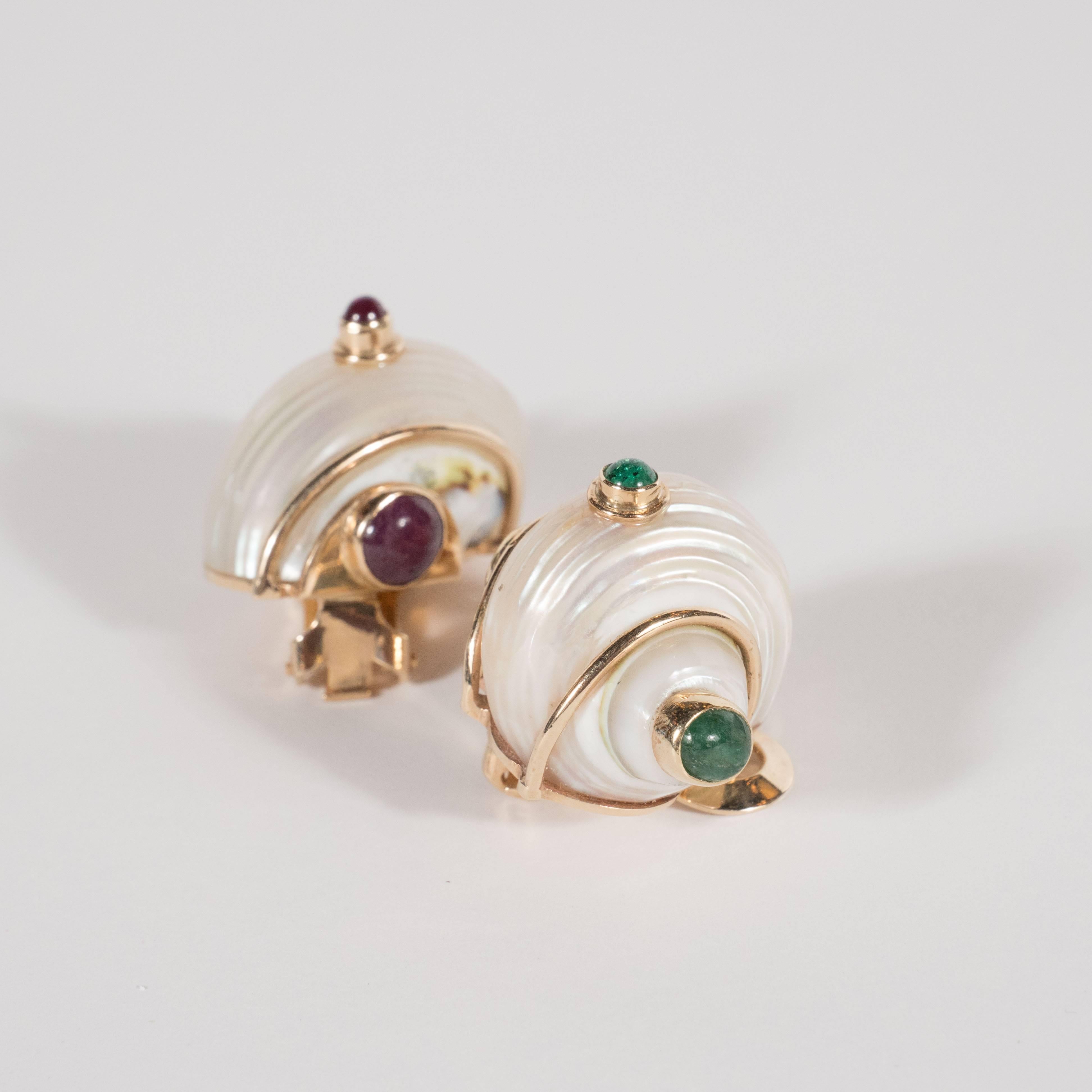 Modernist Mid-Century Seamann Schepps Shell Earrings with Cabachon Emeralds and Rubies