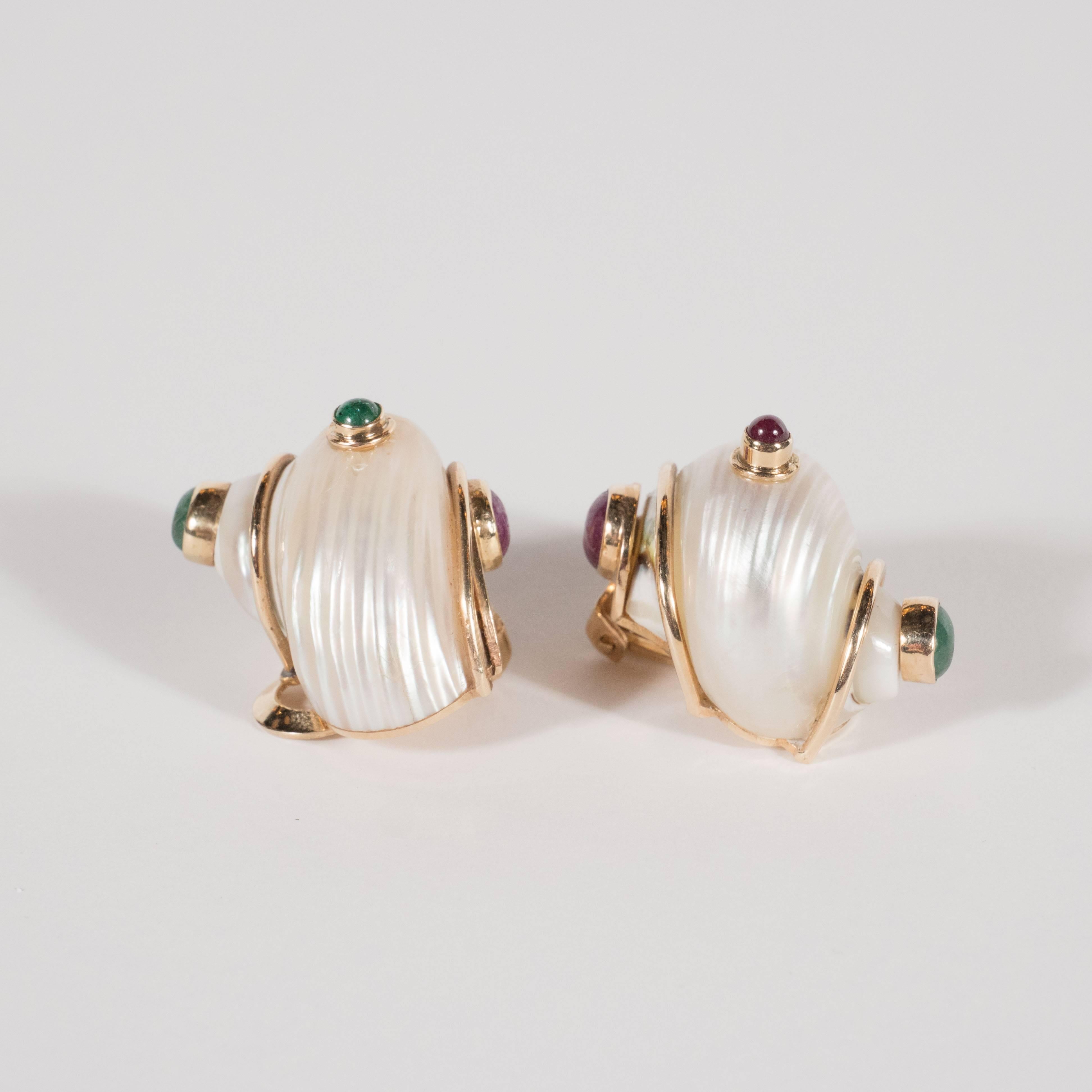 Mid-Century Seamann Schepps Shell Earrings with Cabachon Emeralds and Rubies In Excellent Condition In New York, NY