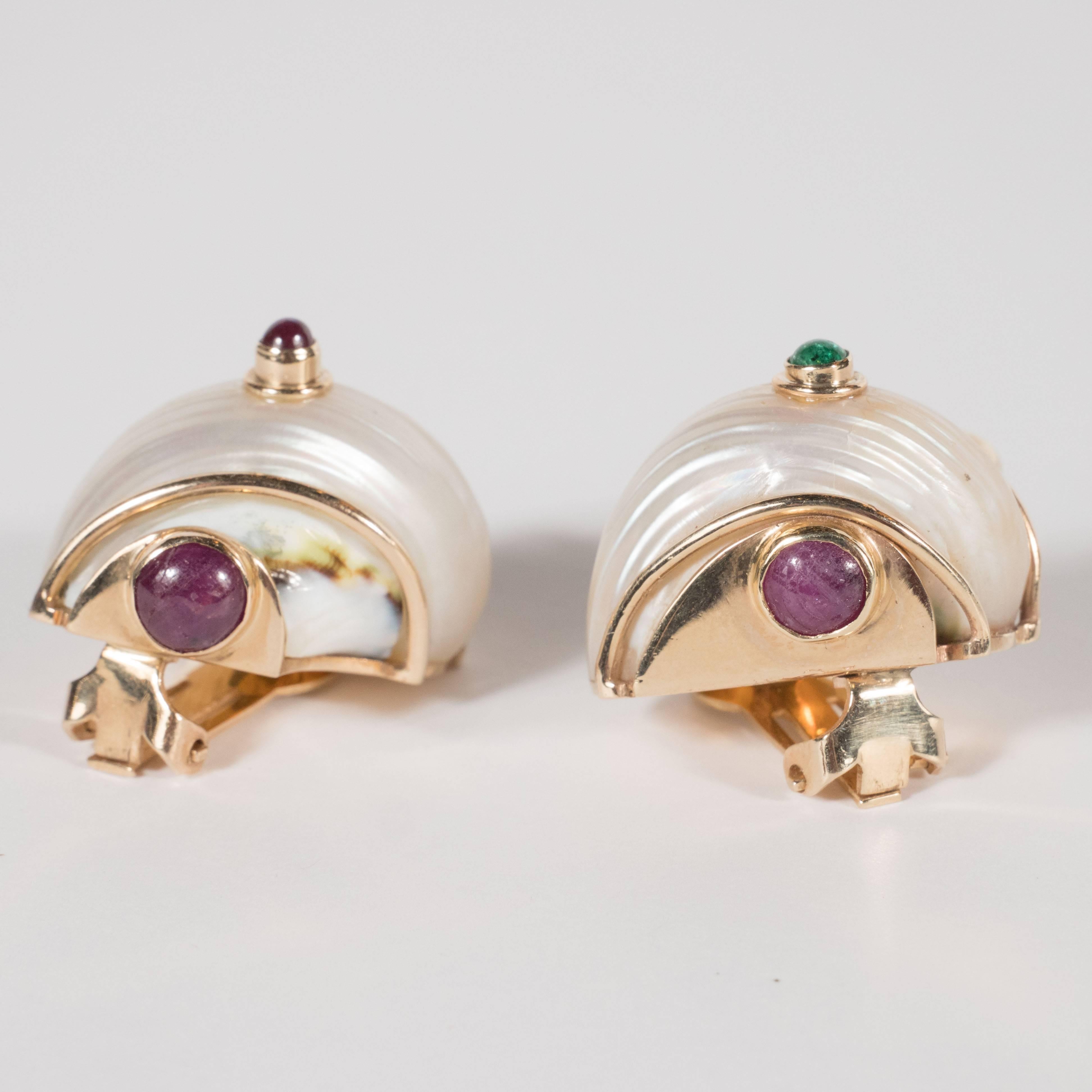 Mid-Century Seamann Schepps Shell Earrings with Cabachon Emeralds and Rubies 4