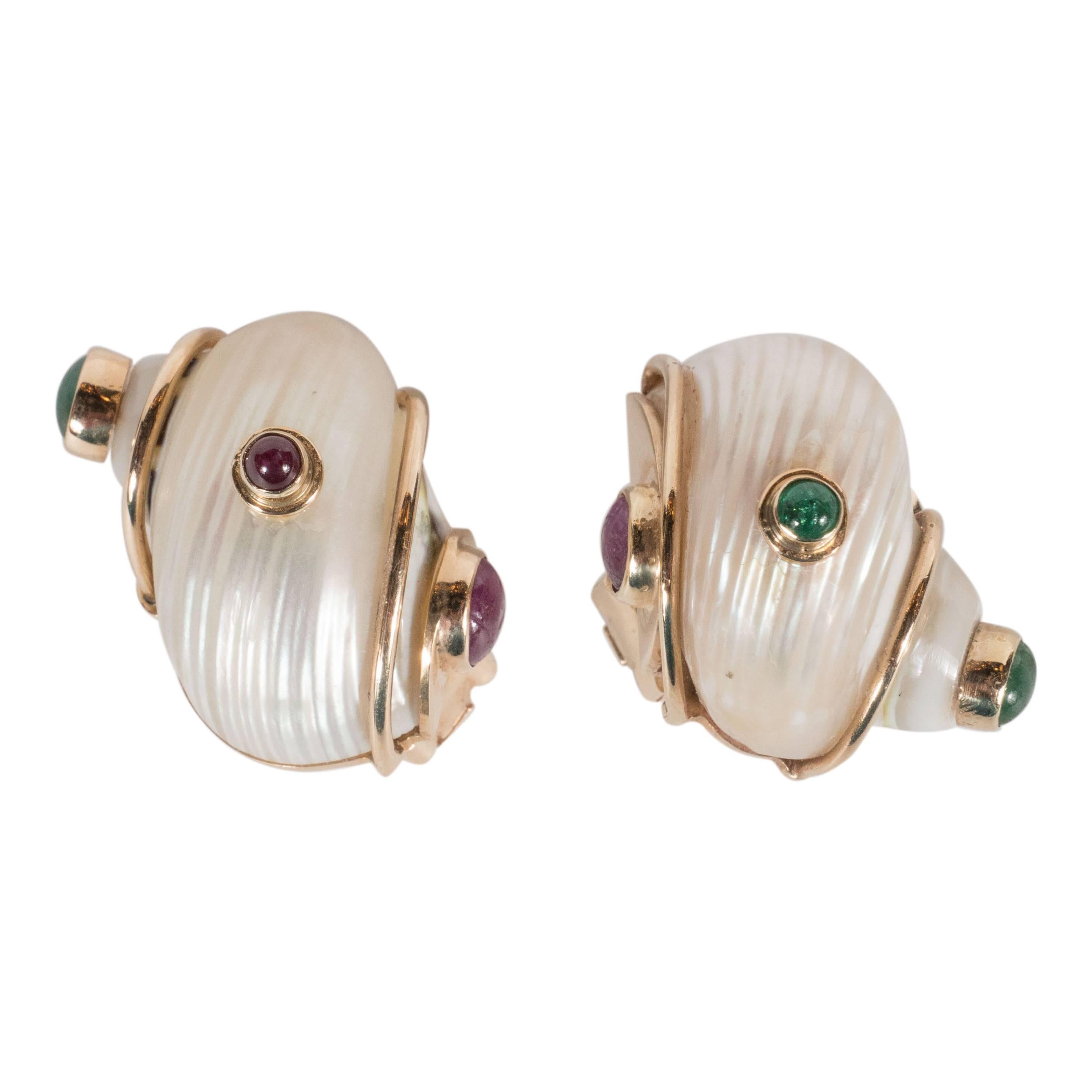 Mid-Century Seamann Schepps Shell Earrings with Cabachon Emeralds and Rubies