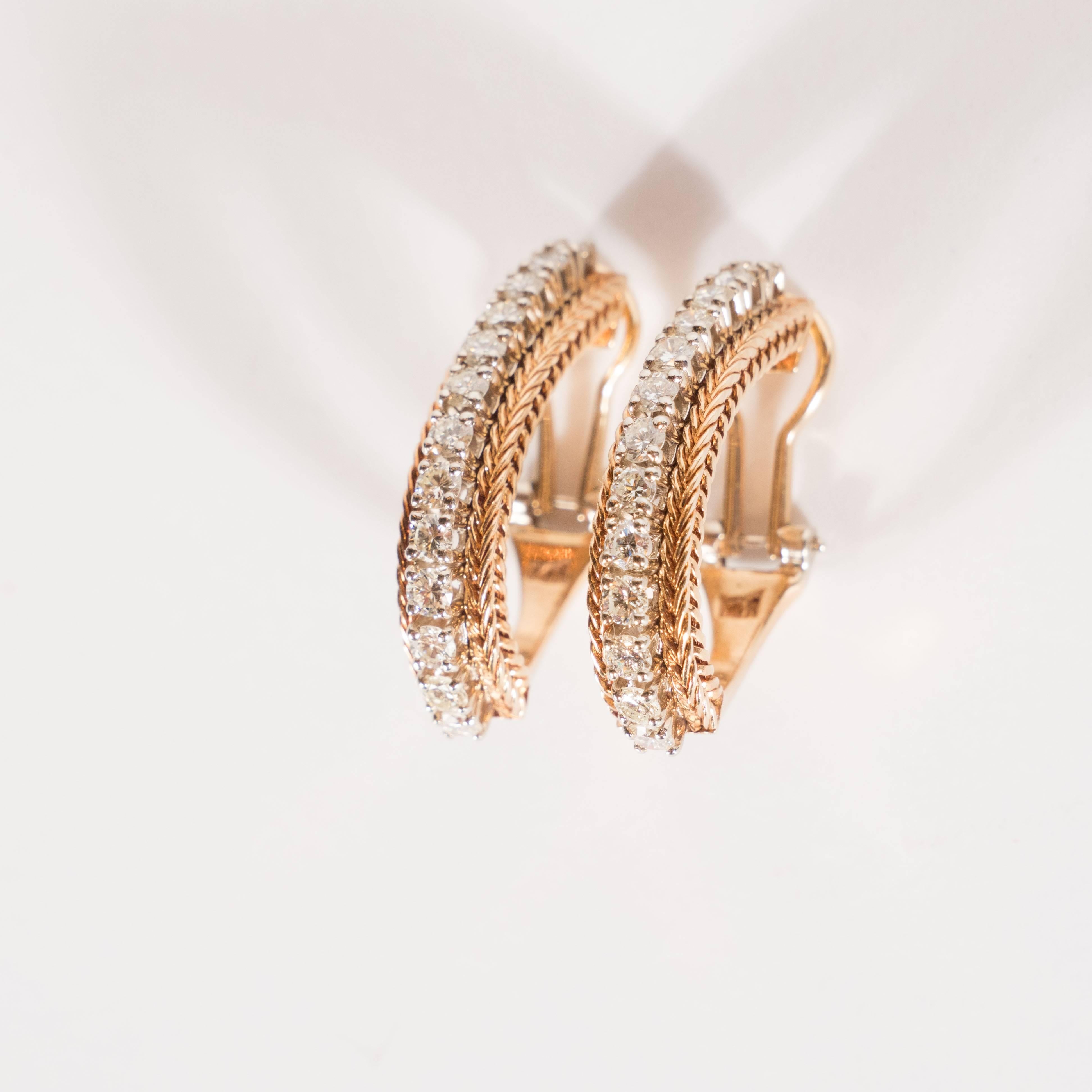 Modernist Pair of Mid-Century Modern 14 Karat Yellow Gold and Diamond Hoop Earrings