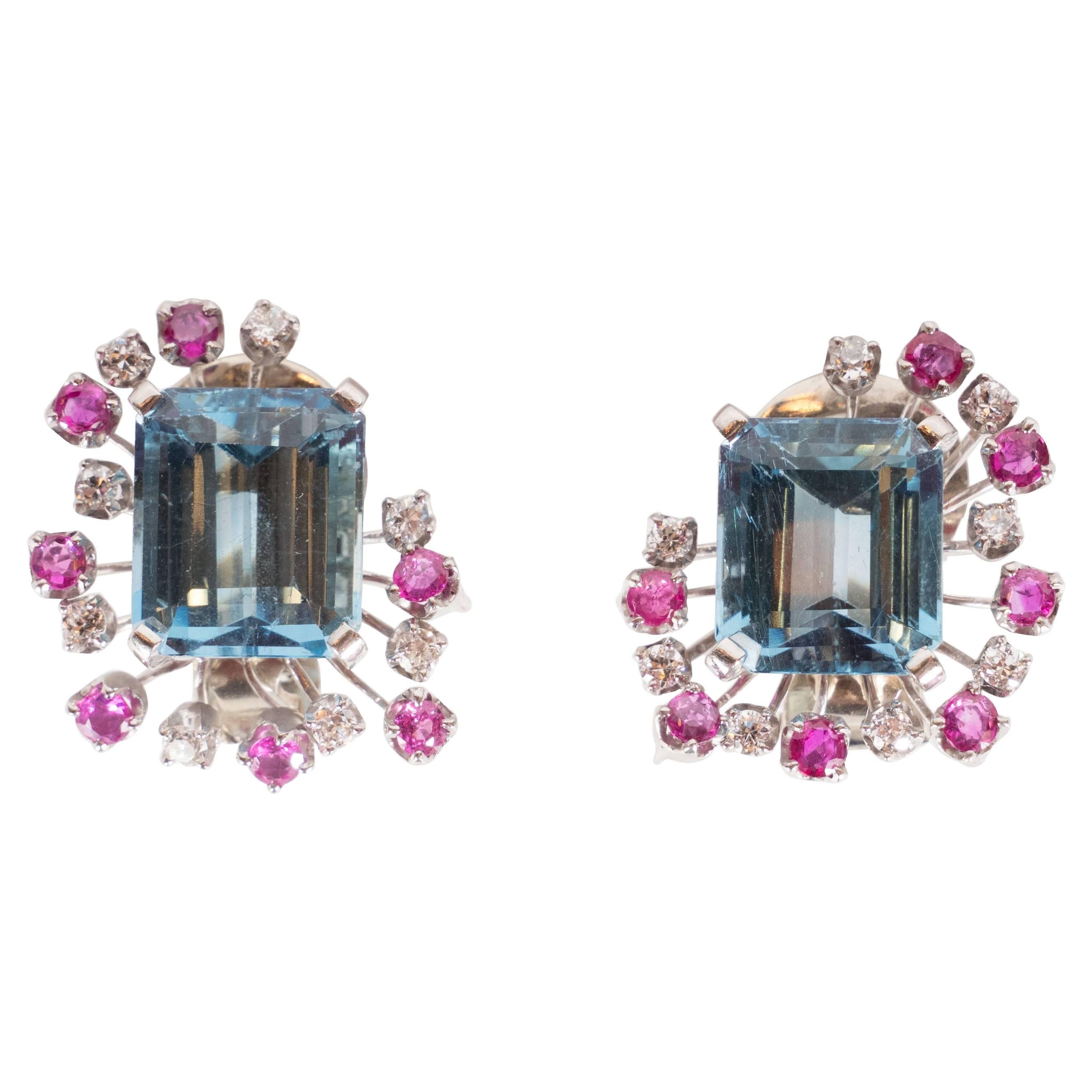 1940s 12 Carat Aquamarine and 14K White Gold Earrings with Diamonds &and Rubies