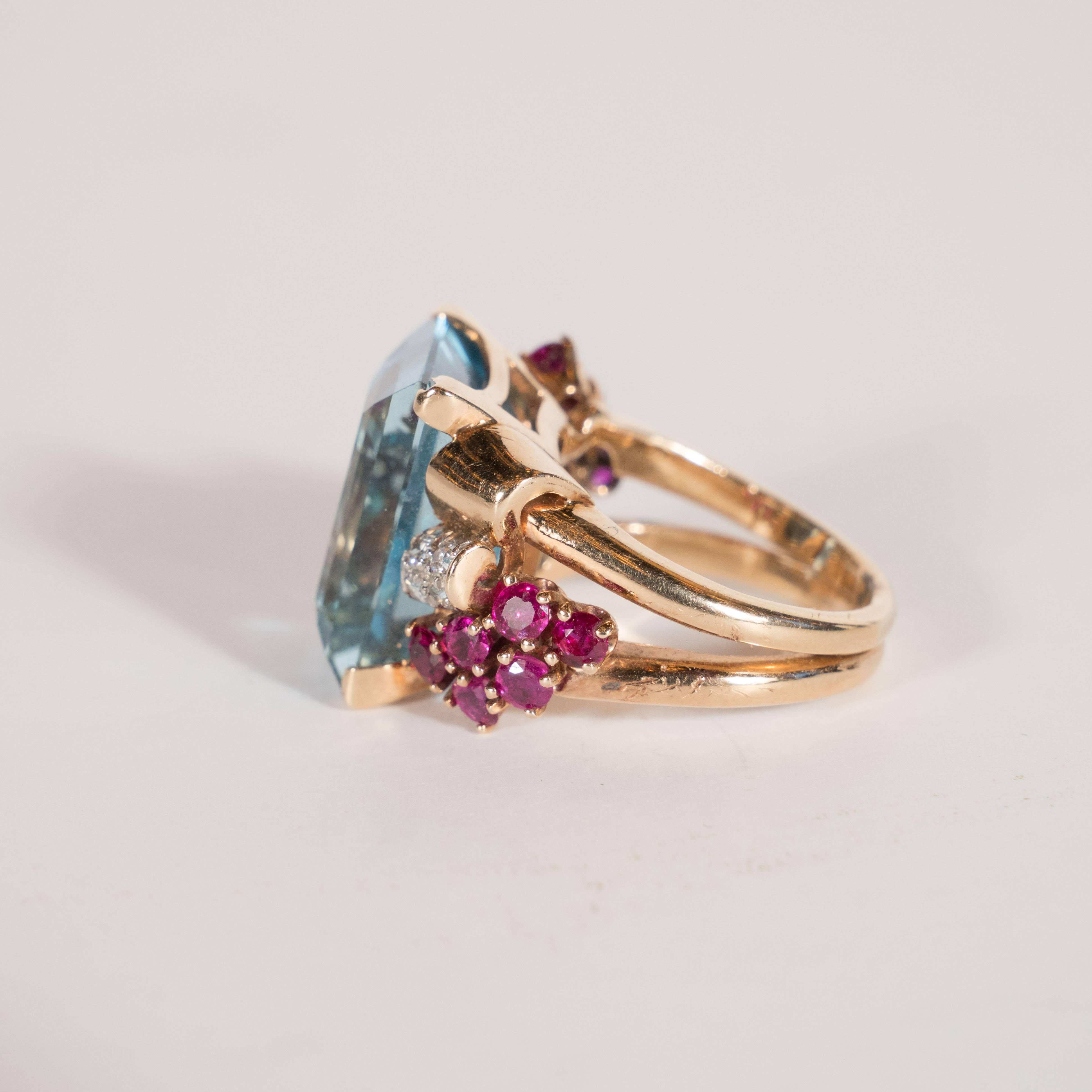 Retro 1940s American 8 Carat Acquamarine and 14k Gold Ring with Rubies and Diamonds