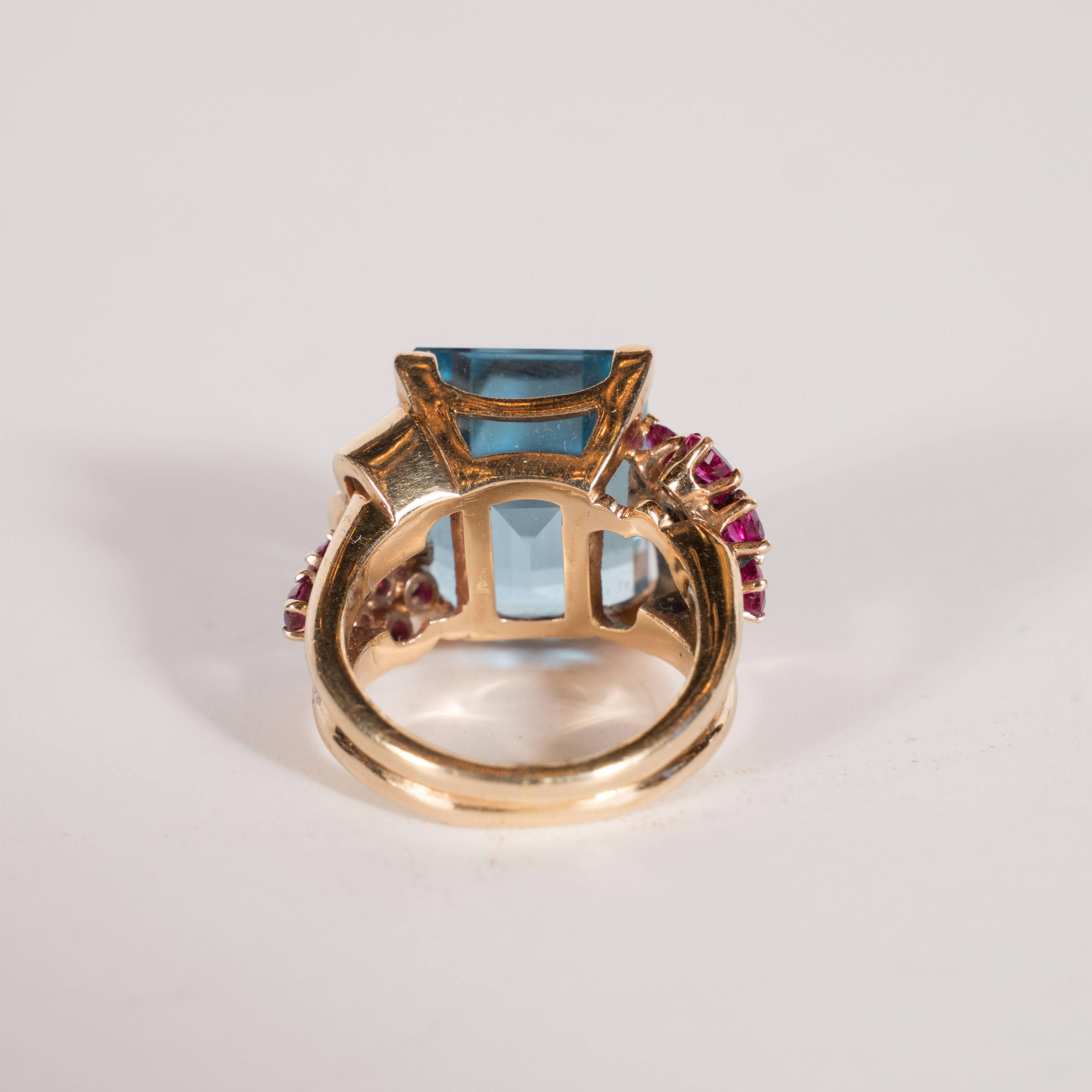 1940s American 8 Carat Acquamarine and 14k Gold Ring with Rubies and Diamonds In Excellent Condition In New York, NY